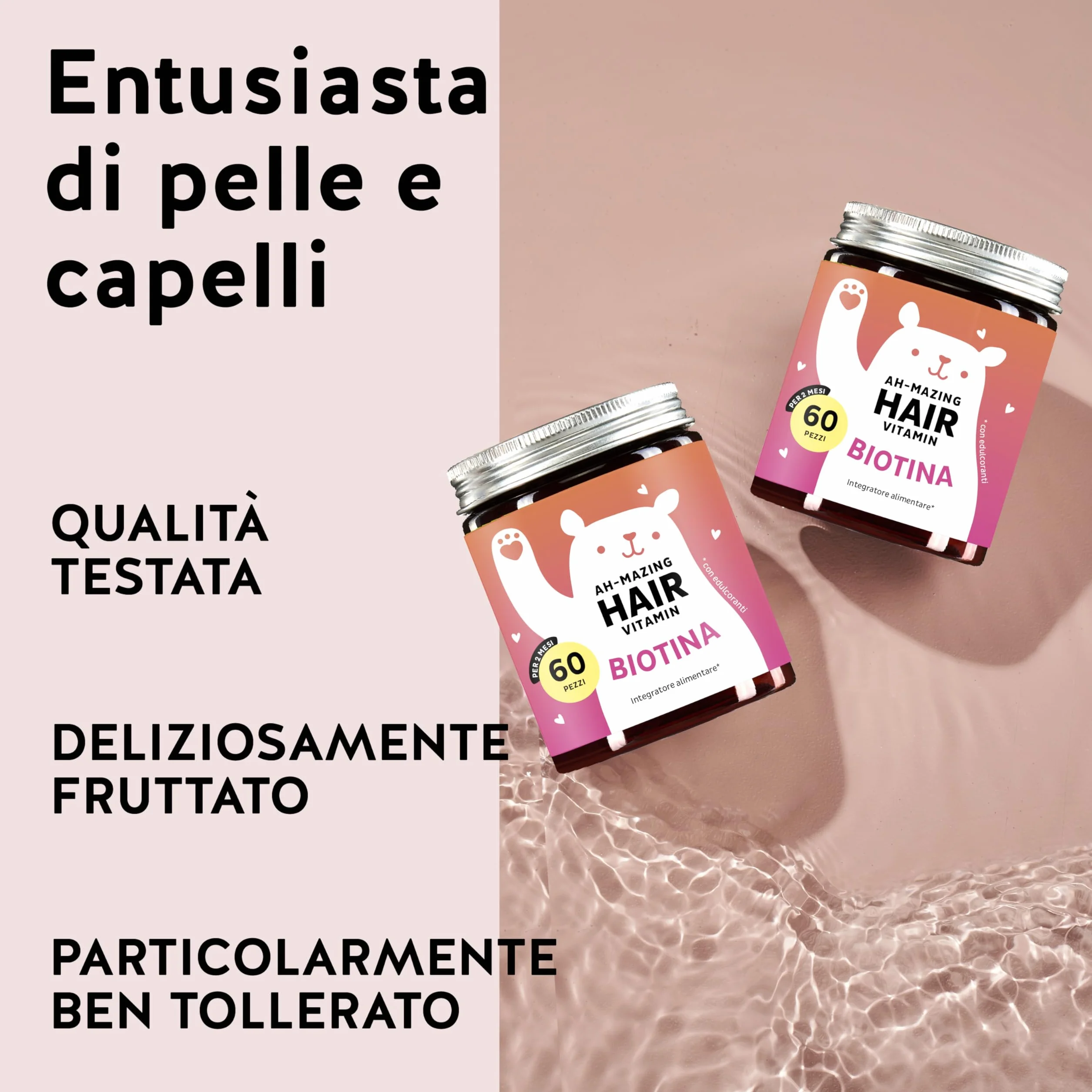 Bears with Benefits Caramelle Gommose Biotina Ah-mazing Hair Vitamins 5000 µg Biotina Zinco Vitamine B6 C E Acido Folico Iodio 60 pezzi Vegano
