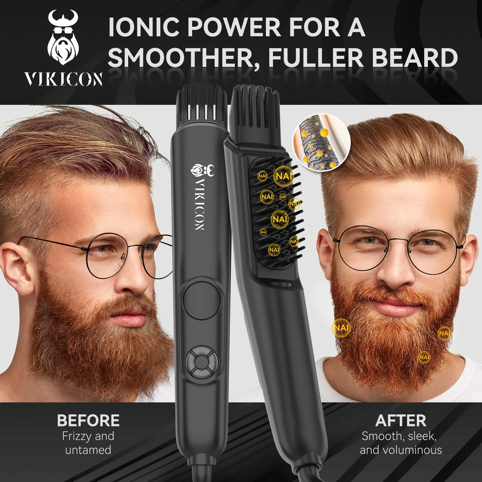 VIKICON Spazzola 3 in 1 per Uomo, Pettine Professionale Con Volumizzatore, 4 Livelli di Calore (120-220℃), Piastra Lisciante per Barba Agli Ioni, Spazzola per Casa/Viaggio