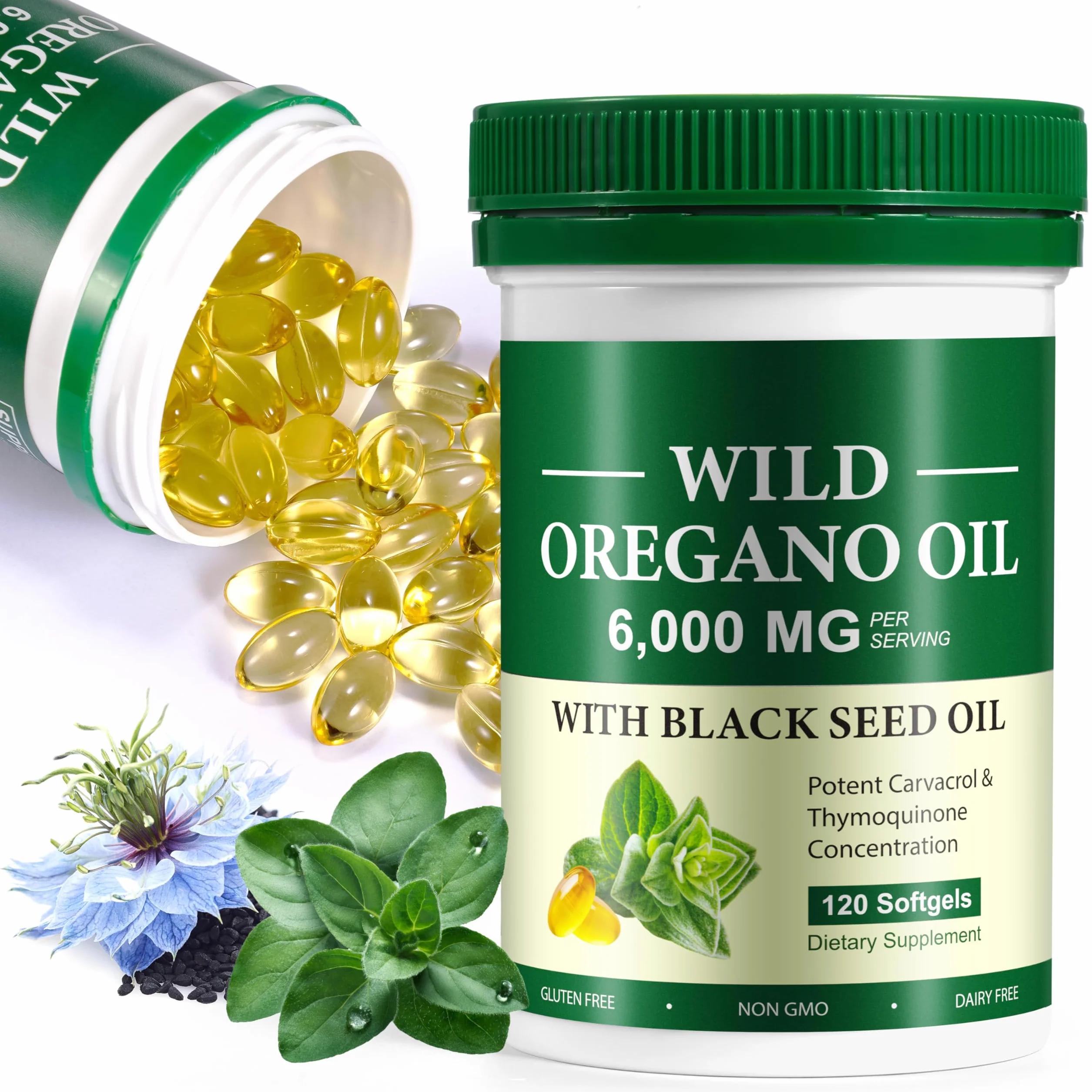 Olio di Origano Capsule 120 con Olio di Semi Neri, Supporto Immunitario