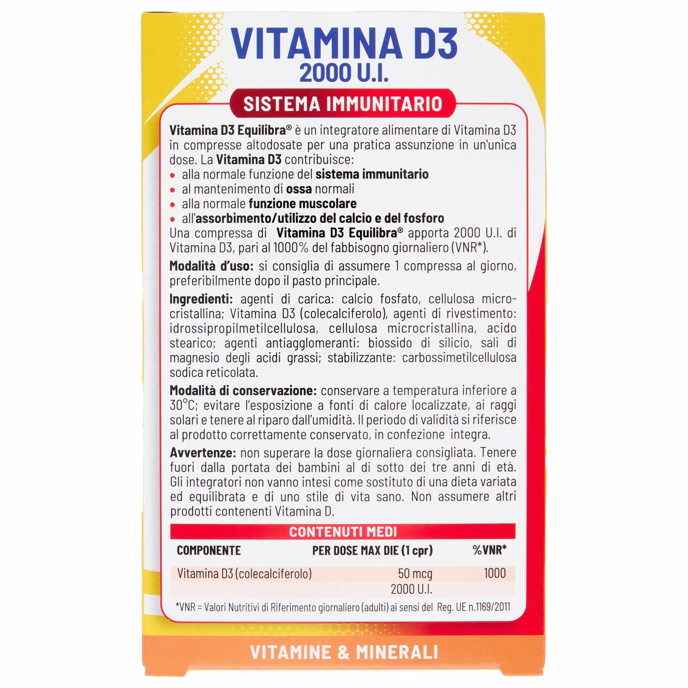 Equilibra Integratori Alimentari, Vitamina D3, Integratore Vitamina D3 per la Normale Funzione del Sistema Immunitario, per il Mantenimento di Ossa Normali, 2000 UI, 30 Compresse Altodosate