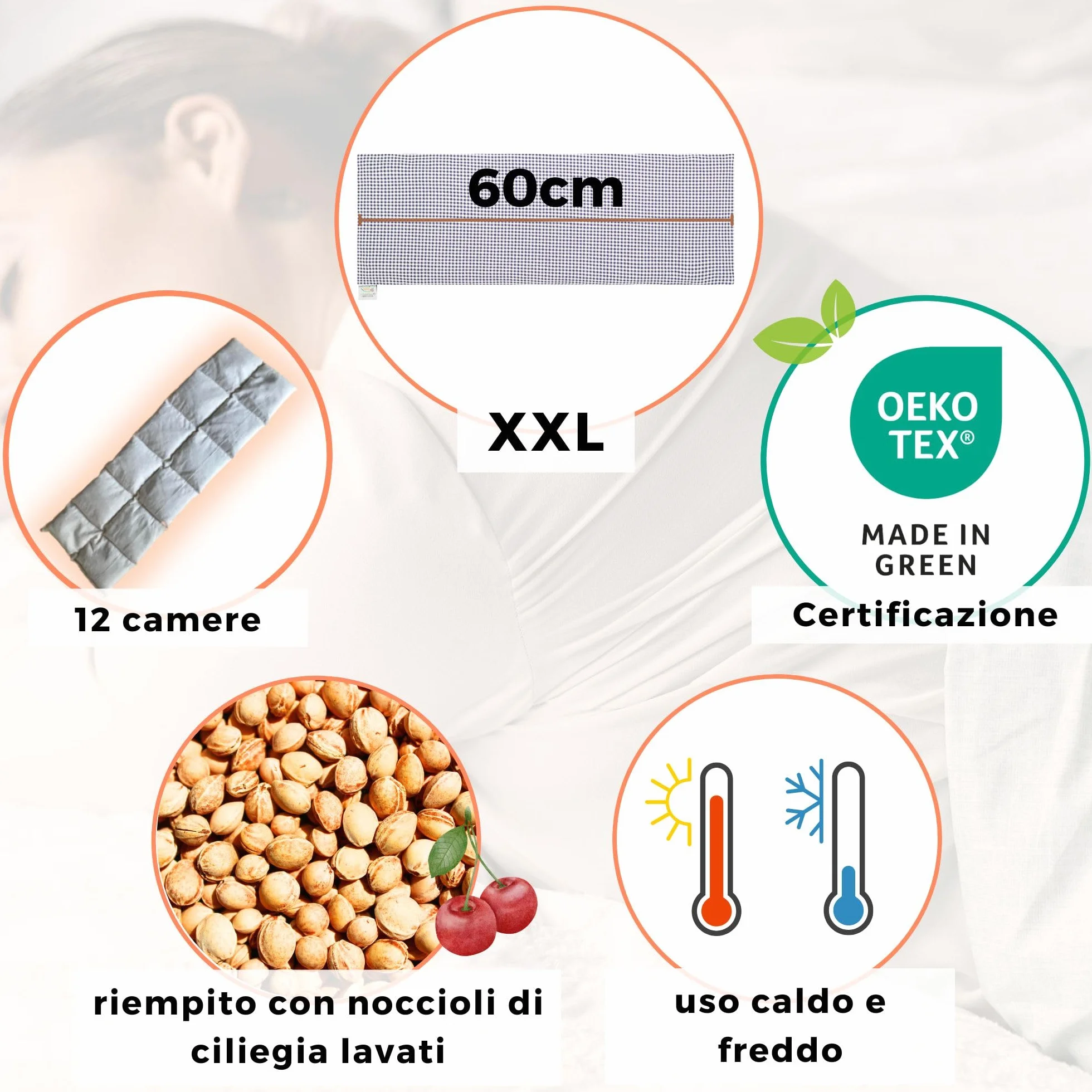 Cuscino Noccioli Ciliegia riscaldabile | Grande XXL lungo 60x20 cm | Cuscino Termico cervicale, semi di ciliegio: collo, spalle, schiena, stomaco | Senza sostanze nocive: certificato OEKO TEX
