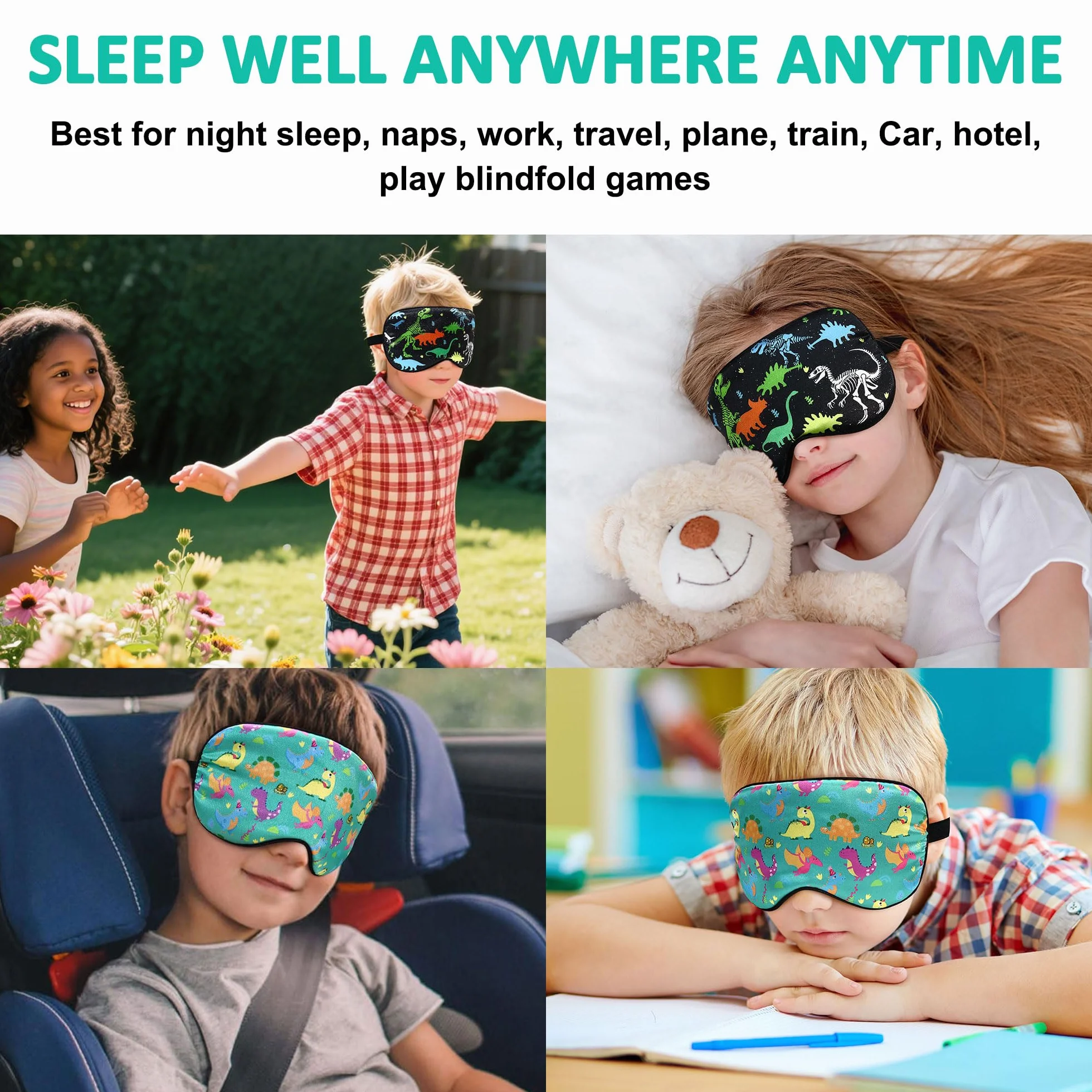 Confezione da 2 maschere per dormire per bambini, motivo dinosauro, simpatiche mascherine per dormire, con cinghia regolabile, oscurante, per bambini e adolescenti, per chi dorme sul fianco, casa