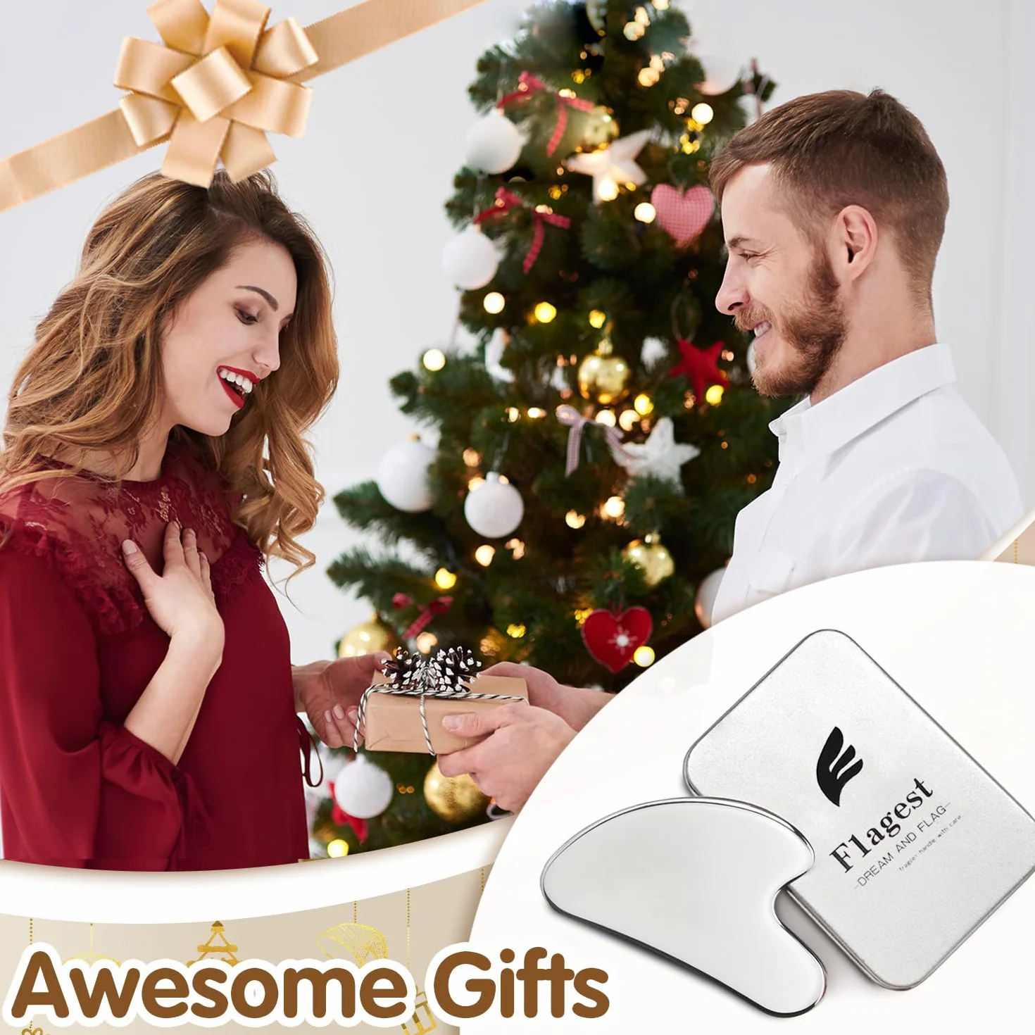 Flagest Gua Sha in Acciaio Inossidabile - Strumento per Massaggio Viso e Corpo, Antirughe e Riduce il Gonfiore (Argento)