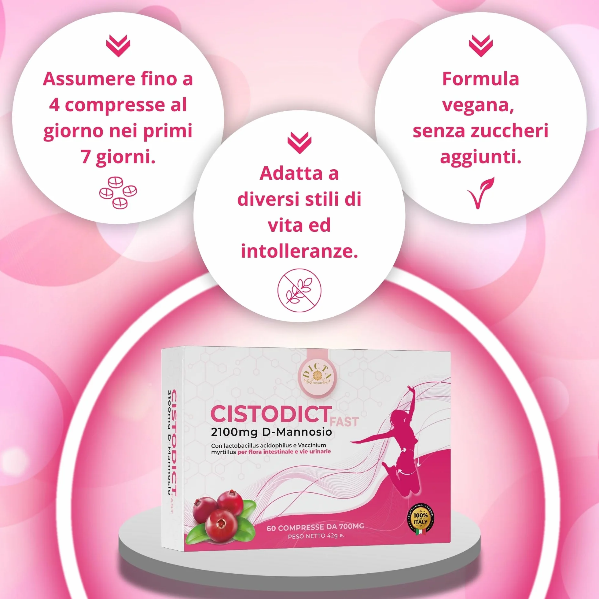 D Mannosio Puro 2100mg 60 cpr per Vie Urinarie Donna con Mirtillo Rosso, Agrimonia, Lactobacillus e Inulina