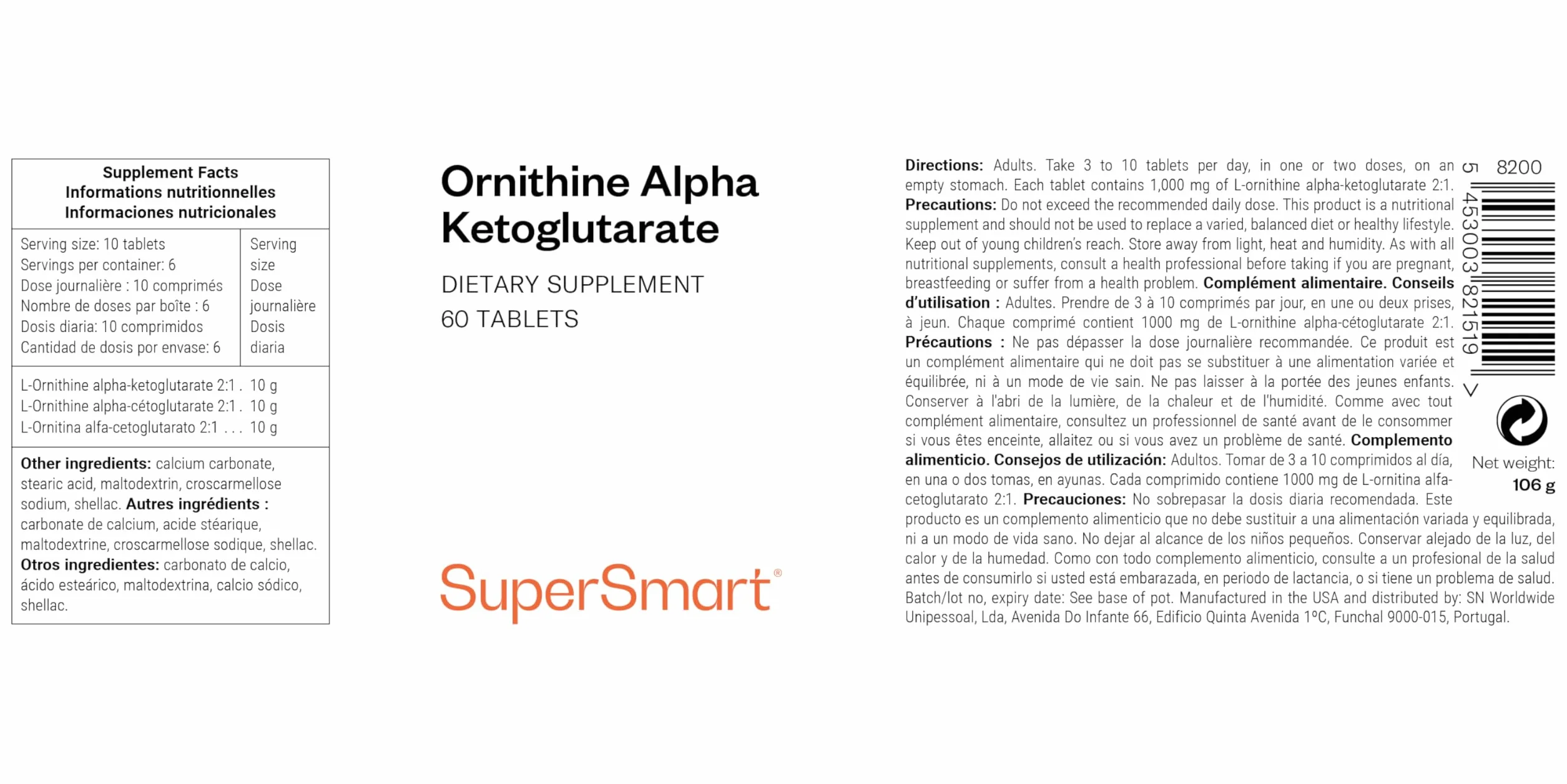 Ornitina alfa chetoglutarato (OKG) SuperSmart - Aumenta produzione ormoni crescita, sintesi proteica, massa muscolare - Vegano