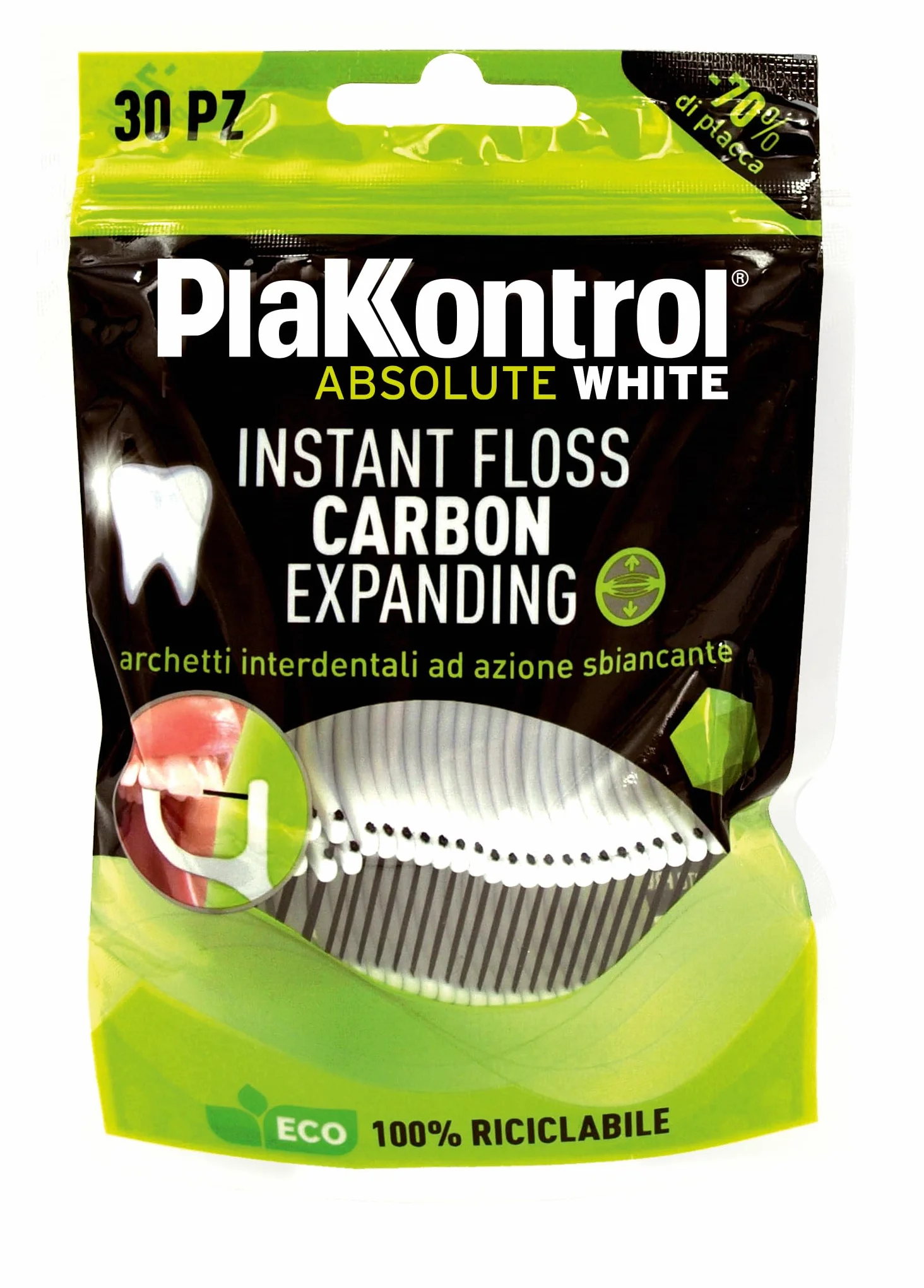 Plakkontrol® Absolute White Instant Floss Carbon Expanding, archetti interdentali ad azione sbiancante con microparticelle di carboni attivi vegetali - 30 pz – peso confezione: ℮ 30 g