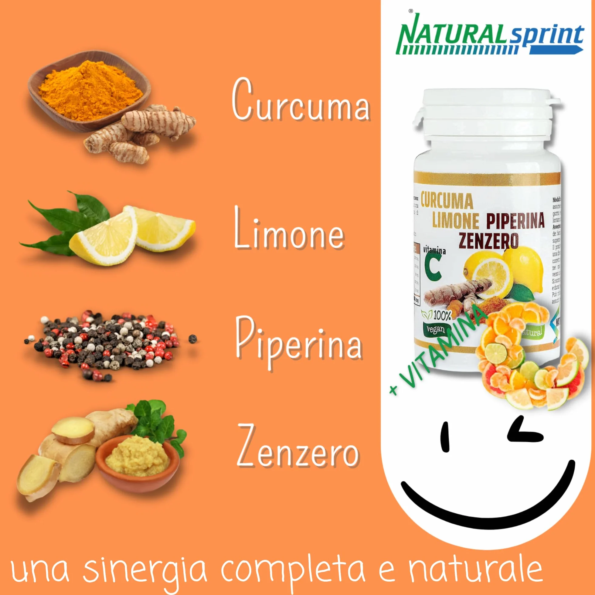 Curcuma 5000 mg Vitamina C Piperina Zenzero 130 Compresse Vegane Senza Zuccheri Senza Glutine Made in Italy