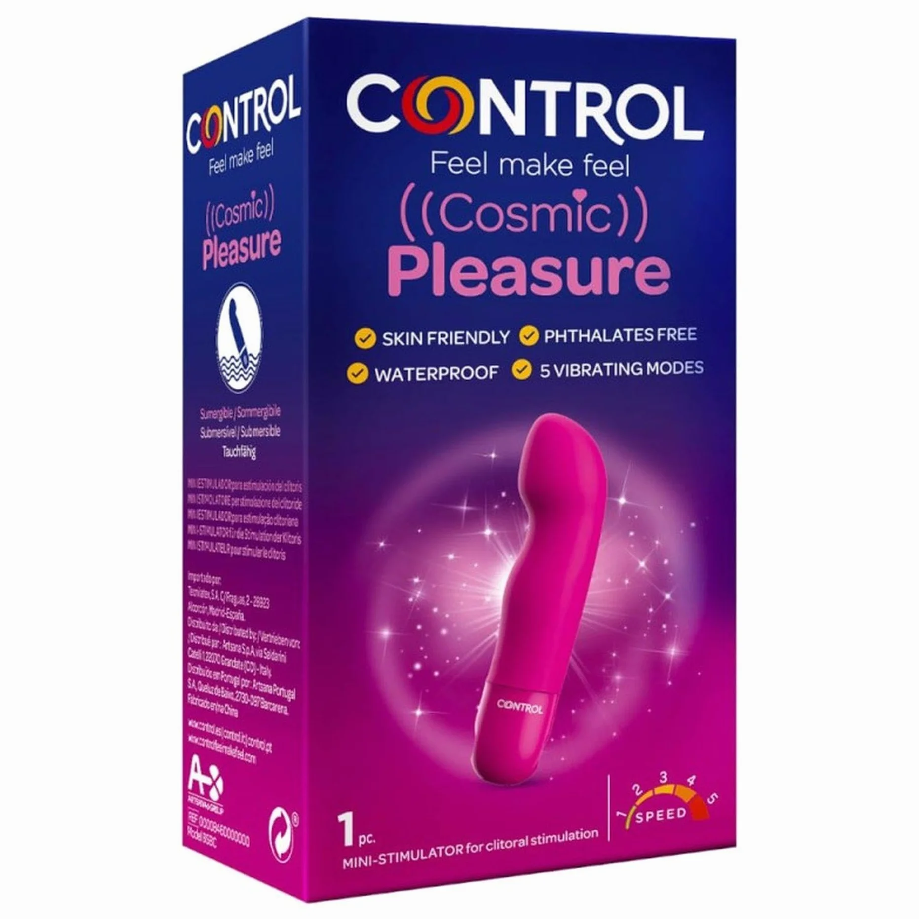 Control Cosmic Pleasure, Mini Stimolatore con Design a Curva, Silicone medico senza Ftalati e Skin Friendly, Impermeabile e sommergibile (IPX7)
