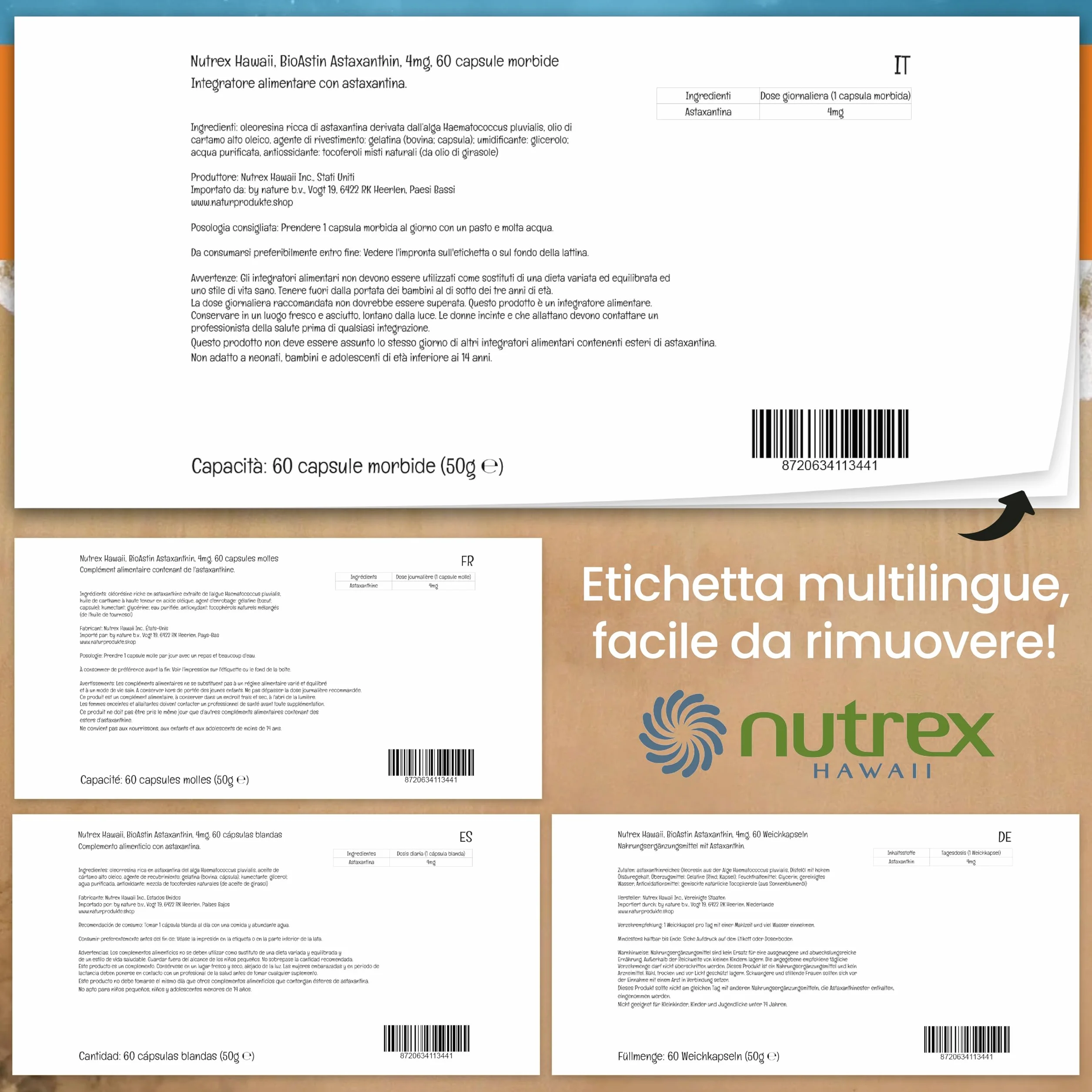 Nutrex Hawaii BioAstin Astaxantina hawaiana 4mg 60 capsule morbide Vitamina E Non OGM