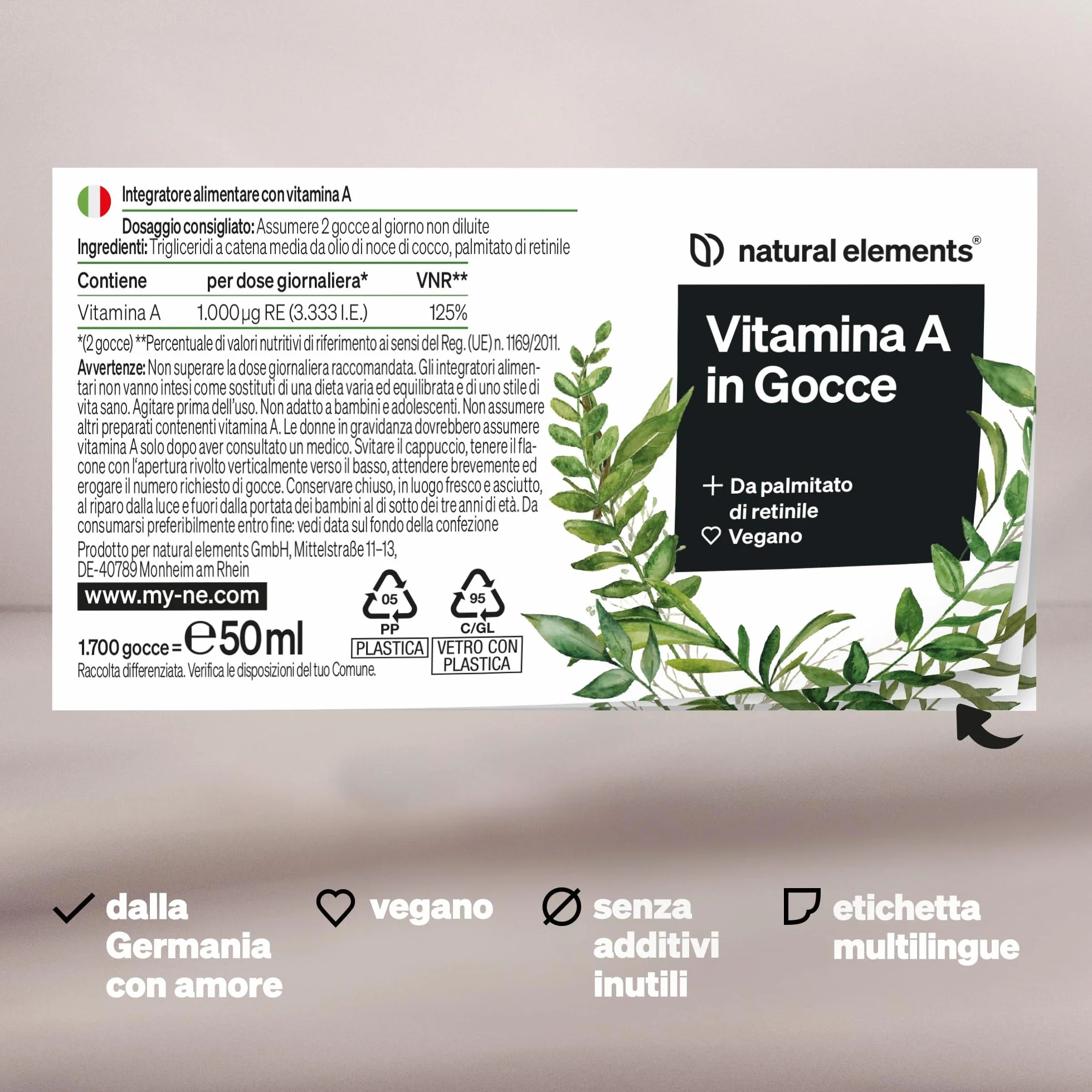 Vitamina A in Gocce – 50 ml (1.700 gocce) – vera vitamina A (palmitato di retinile) – disciolta in olio di cocco MCT – vegana, ad alto dosaggio e elevata biodisponibilità, senza additivi inutili