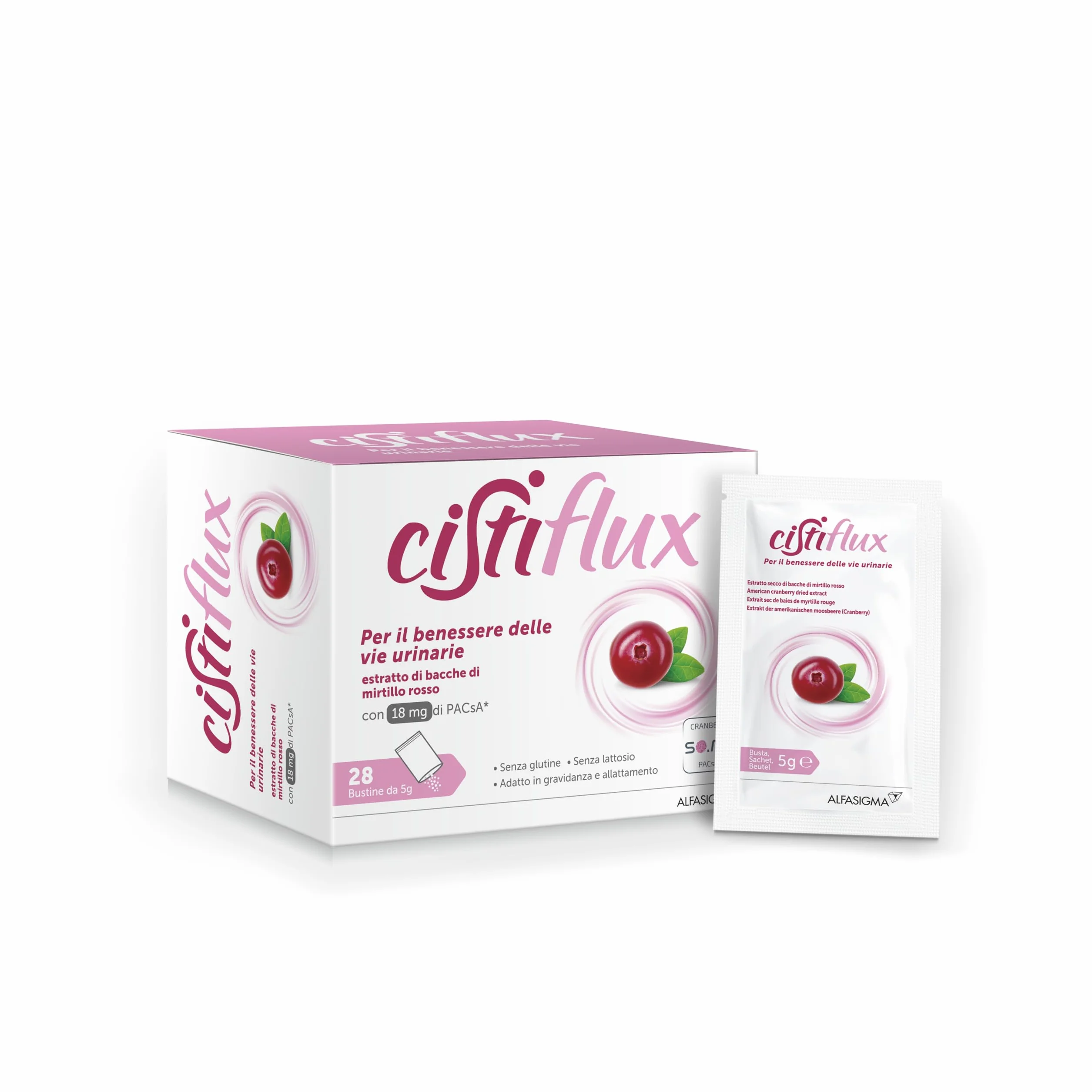Cistiflux Integratore Mirtillo Rosso Cranberry Americano D-Mannosio Vie Urinarie 28 Bustine Frutti di Bosco
