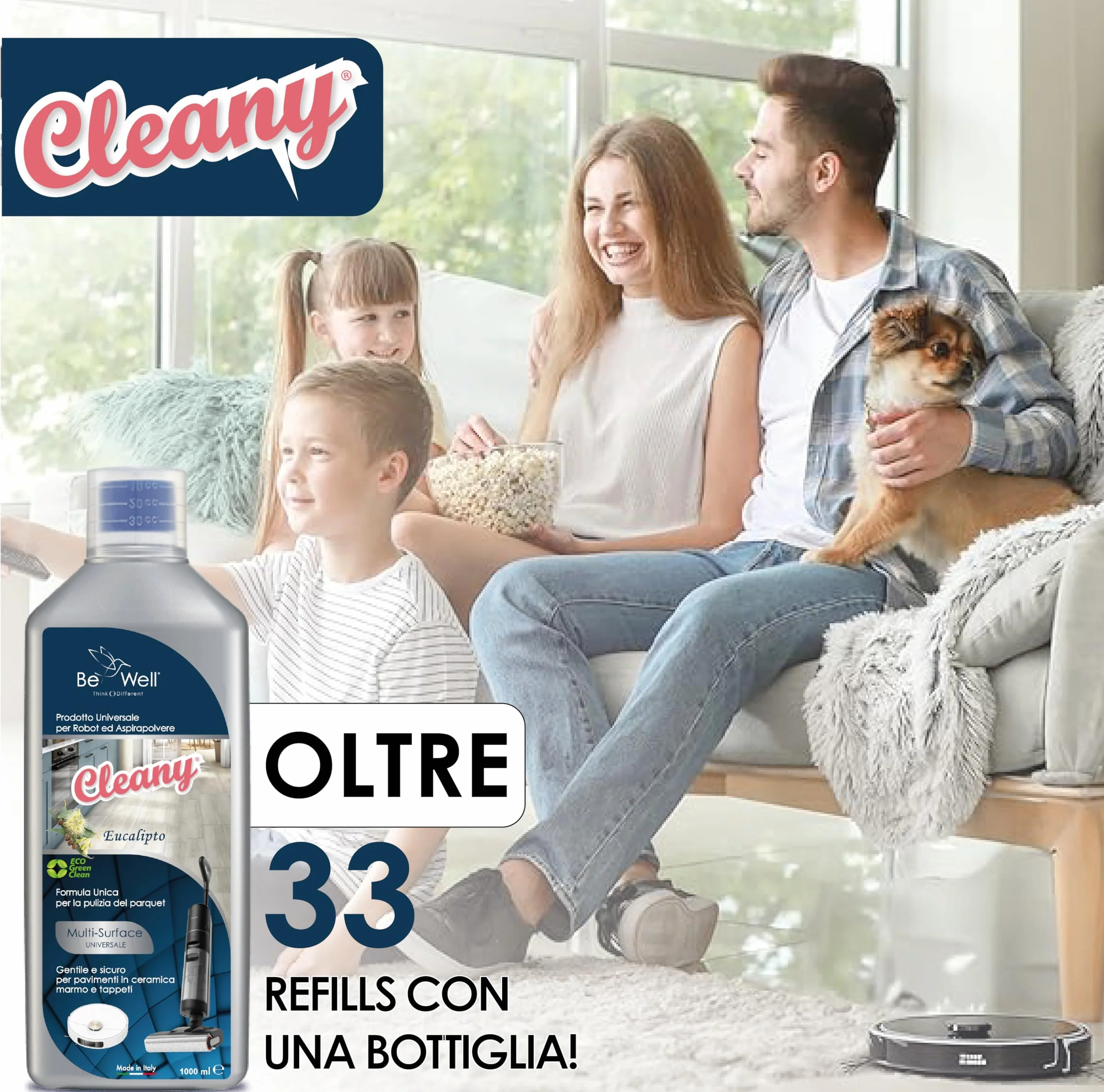 CLEANY Detergente Concentrato per Robot Lavapavimenti 1000ml Multisurface Igienizzante (Eucalipto)