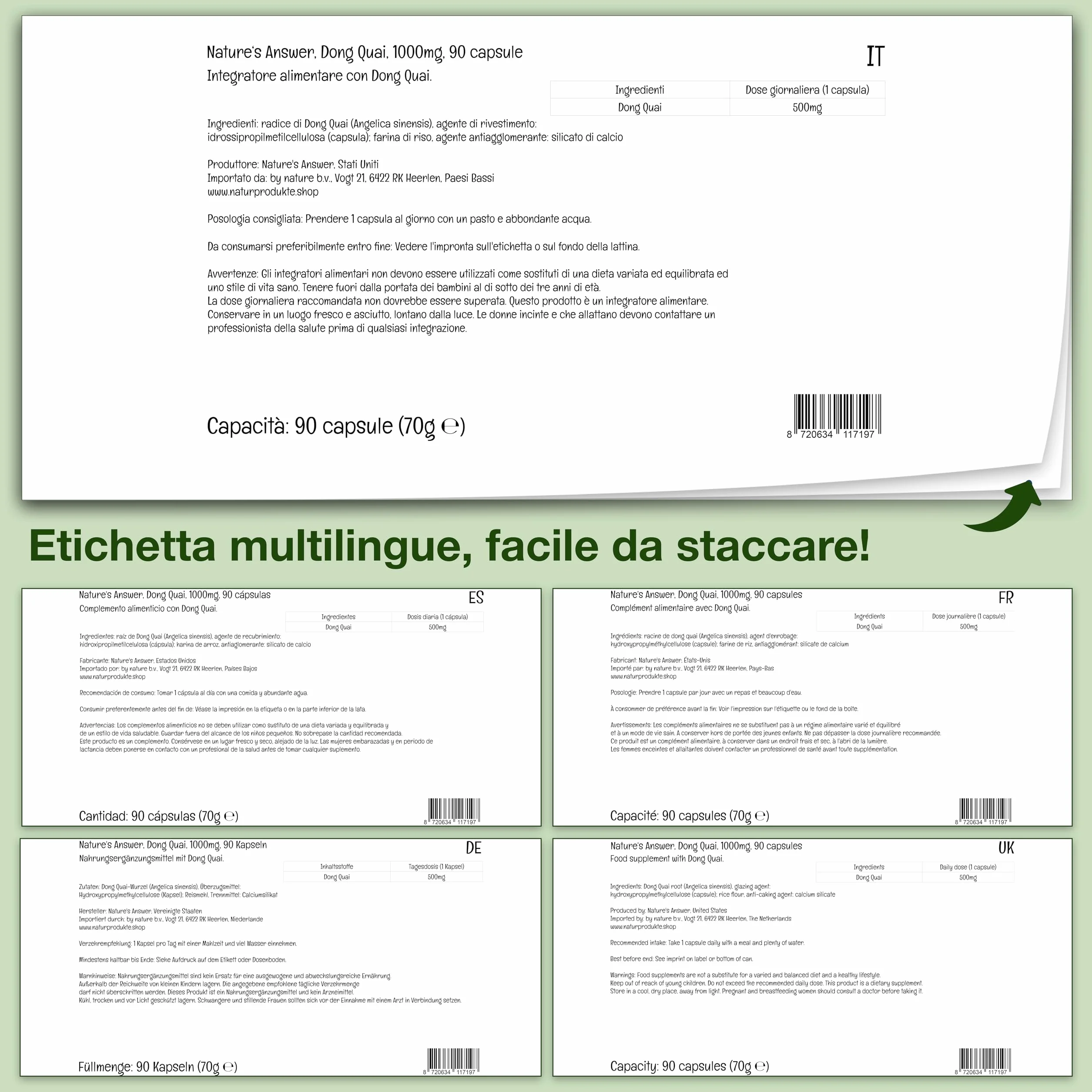 Nature's Answer Dong Quai 500mg 90 Capsule Vegane Non OGM Senza Glutine