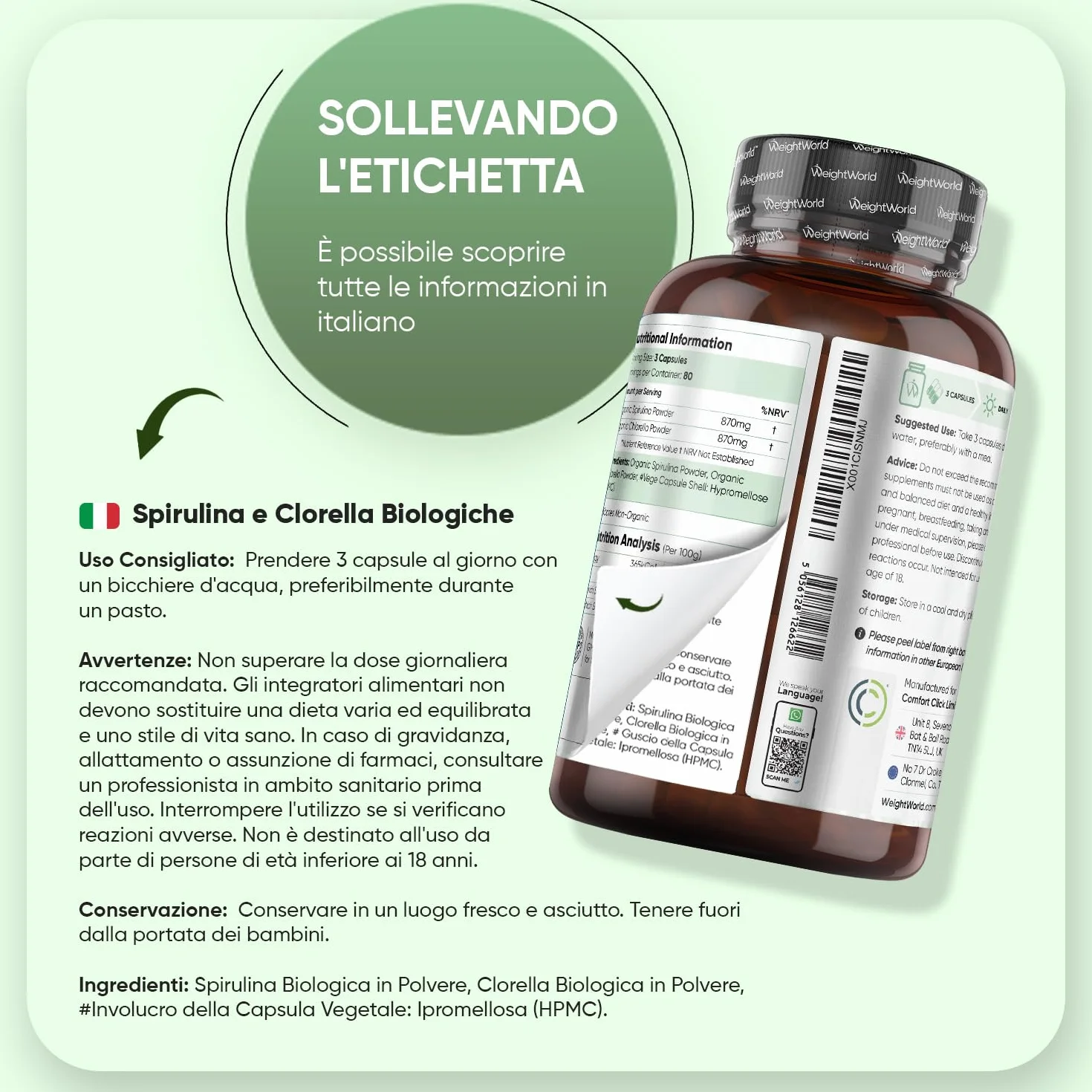 Spirulina e Clorella Biologiche 240 Capsule Vegane 1740mg Superfood Integratore Senza Glutine Prodotto in Europa