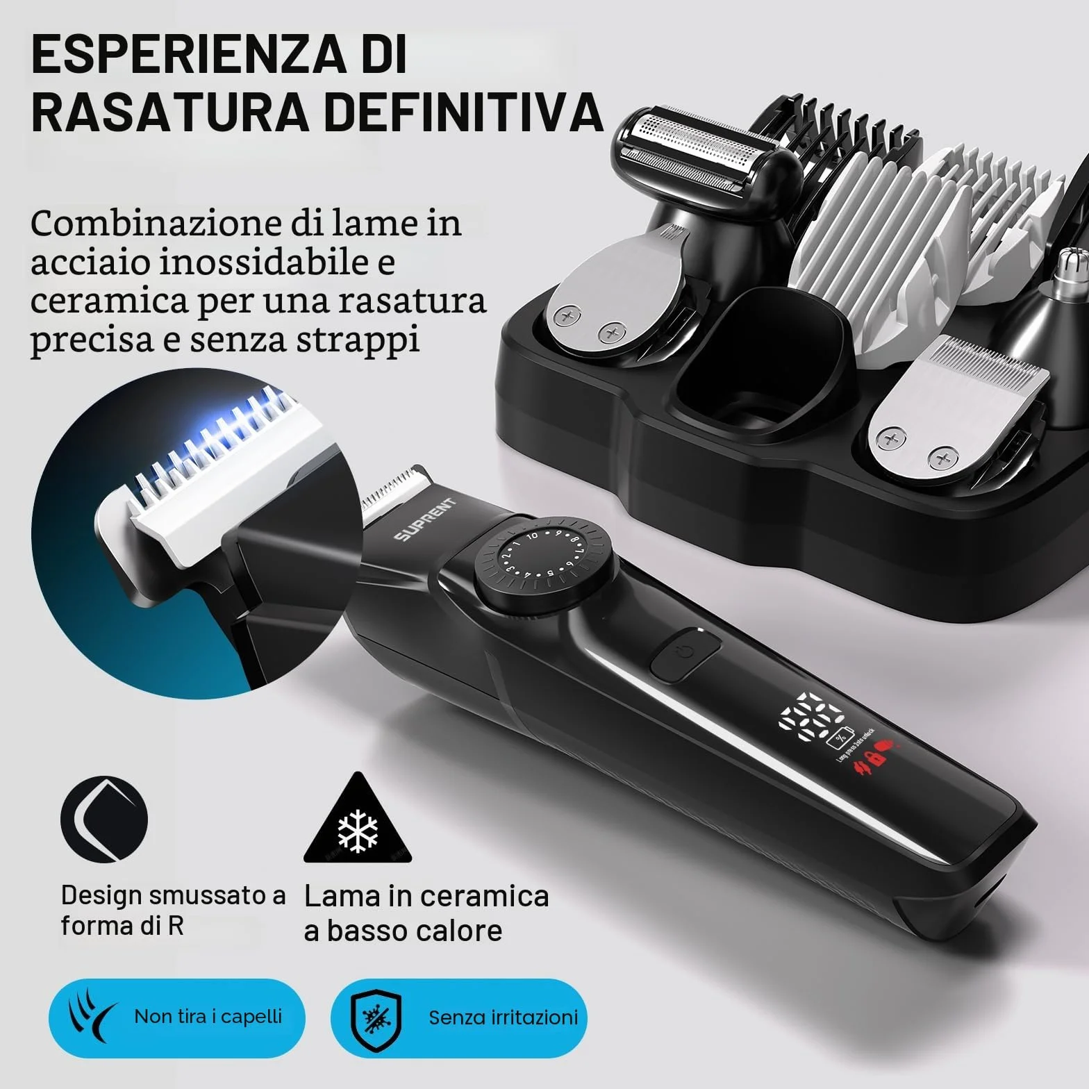 SUPRENT Regolabarba Uomo Professionale IPX7 Impermeabile Rasoio Elettrico Barba e Capelli