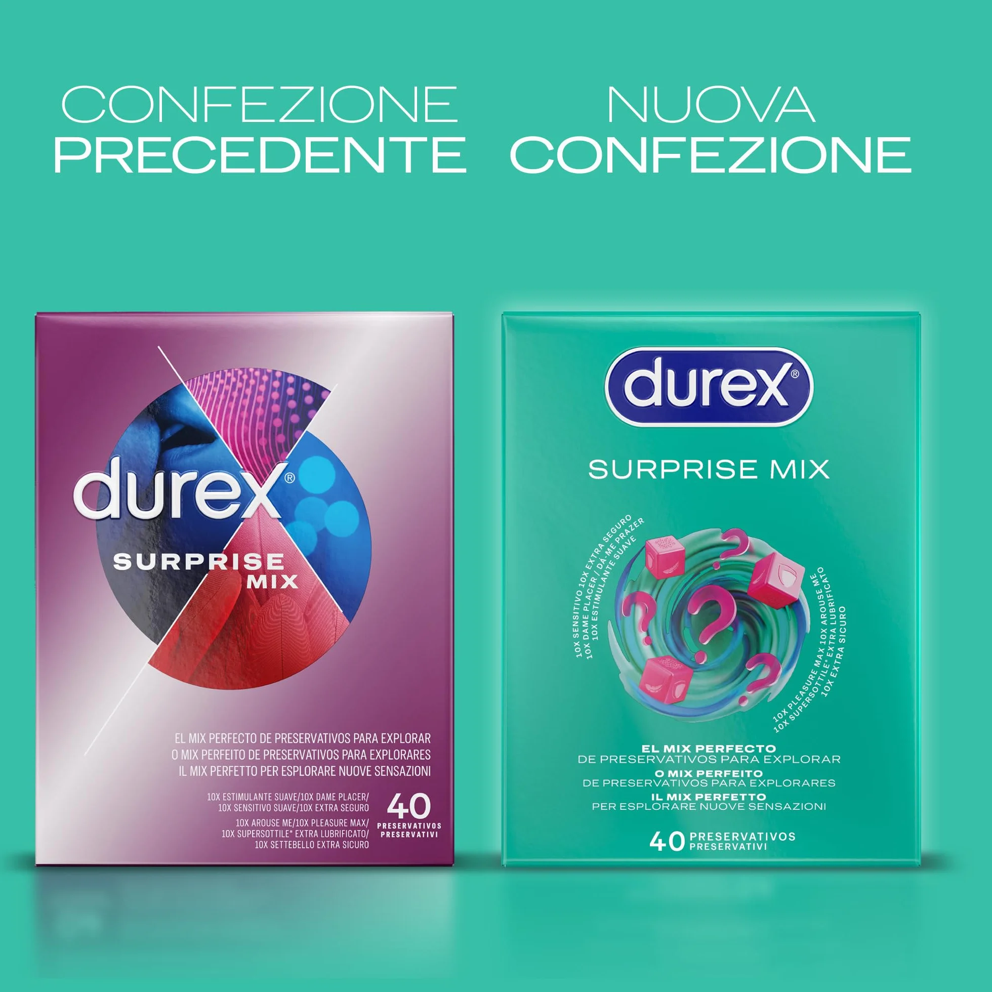 Durex Surprise Mix, Preservativi Assortiti, Profilattici Sottili e con Rilievi e Nervature, 40 Profilattici, Solo Online