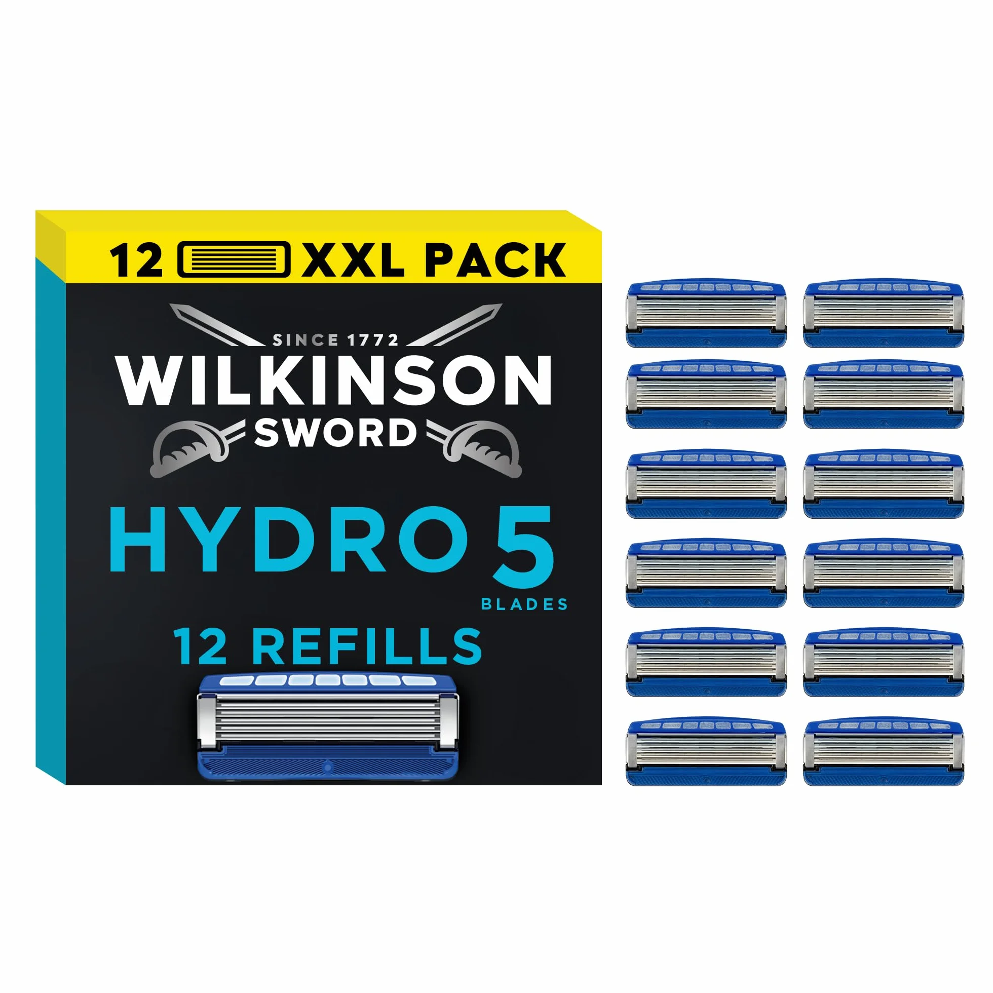 WILKINSON SWORD - Hydro 5 Lame per rasoio da uomo, rivestite in carbonio, gel idratante e trimmer di precisione, confezione da 12 ricariche