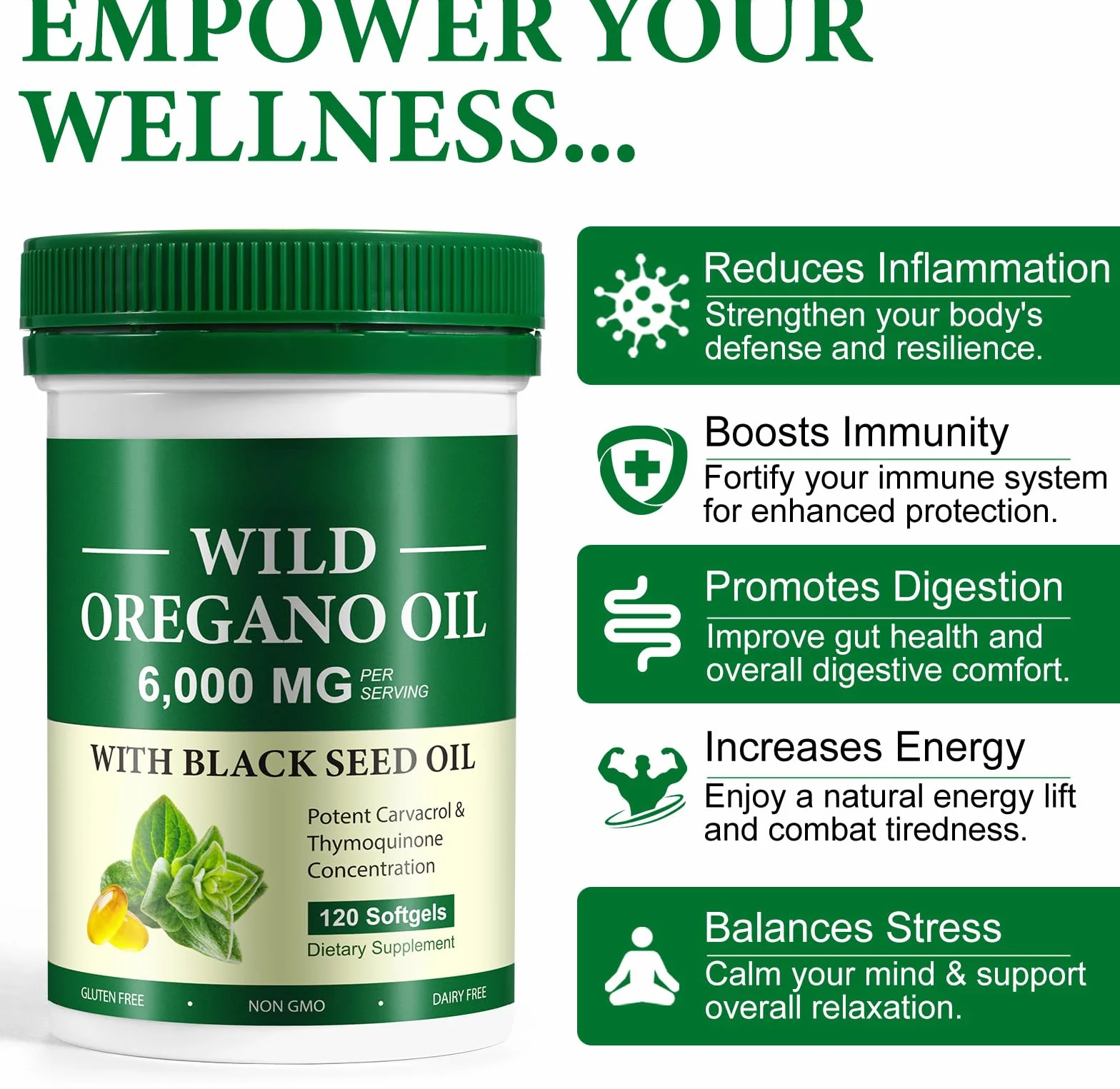 Olio di Origano Capsule 120 con Olio di Semi Neri, Supporto Immunitario