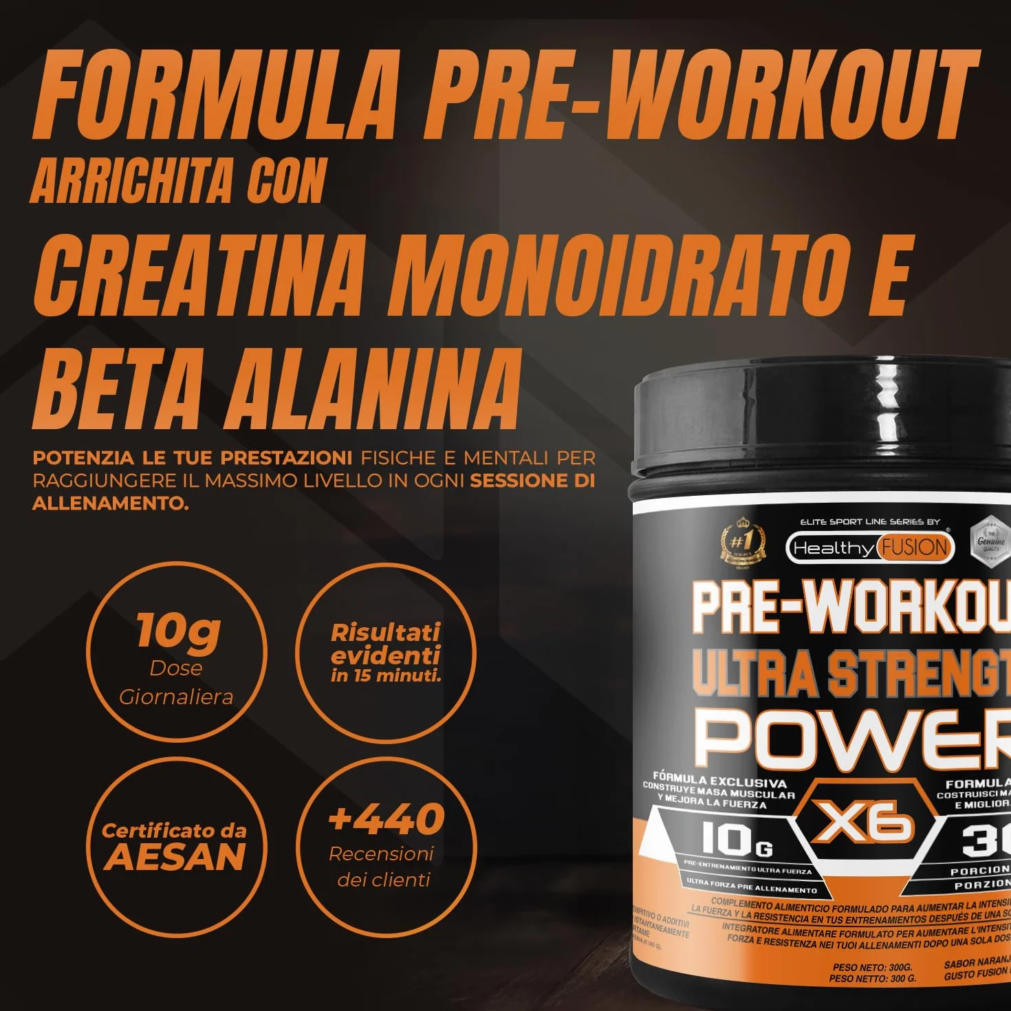 Pre-Workout bevanda energetica | con Creatina | Resistenza, energia e forza inarrestabile | Elimina la fatica e la stanchezza | Beta-Alanina, Taurina, Caffeina e Vitamine | 300g Arancia