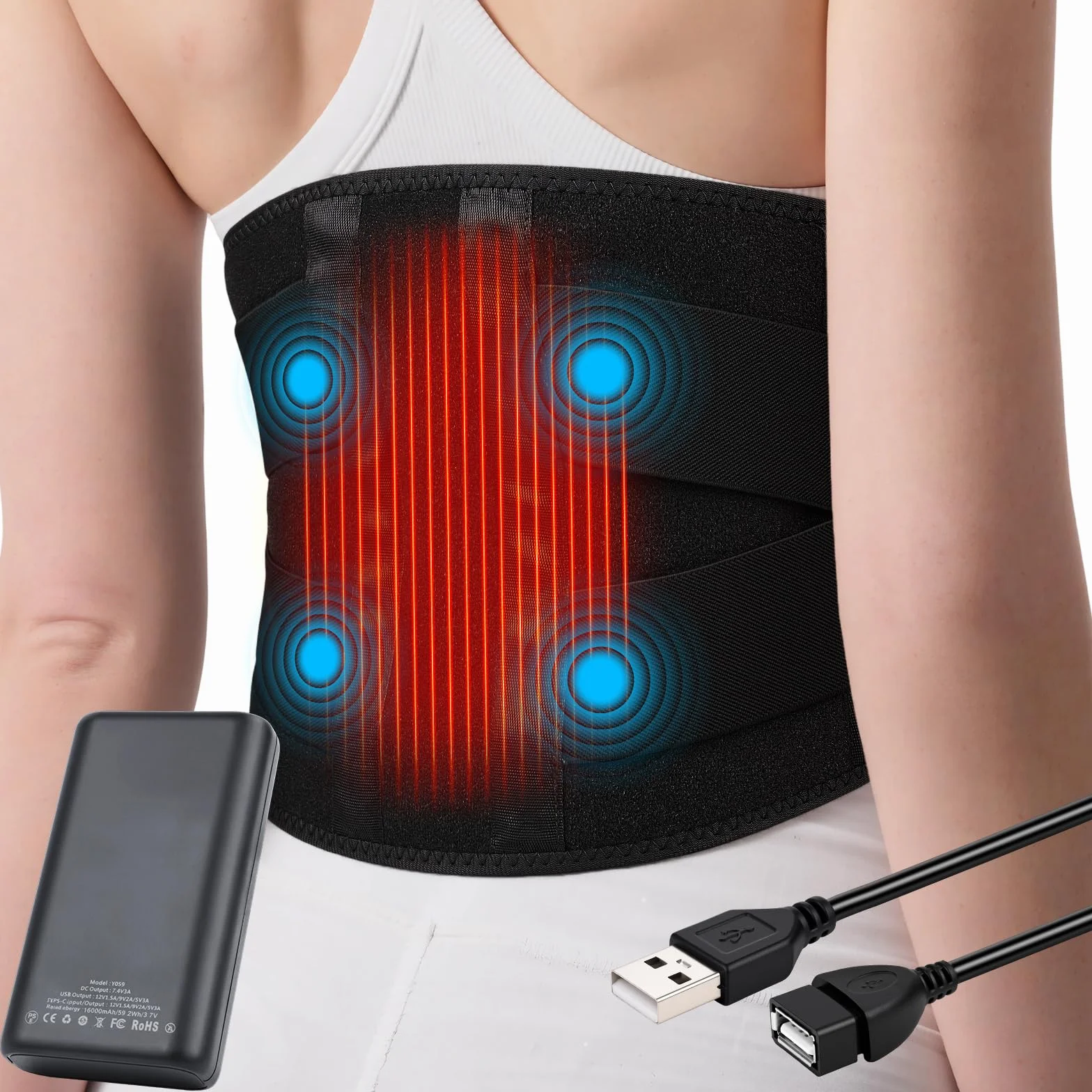 16000mAh Batteria Fascia Lombare Riscaldamento,Termoforo Lombare con 3 Livelli di Temperatura e Massaggio a Vibrazione,cintura riscaldante per la schiena con USB regalo per mamme, donne (Nero)