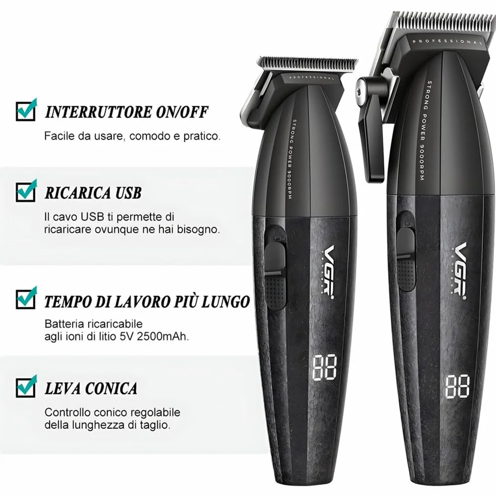 Vetrineinrete® Coppia di rasoi tagliacapelli VGR HAIR TRIMMERR E CLIPPER ricaricabili con display 9000rpm leva conica
