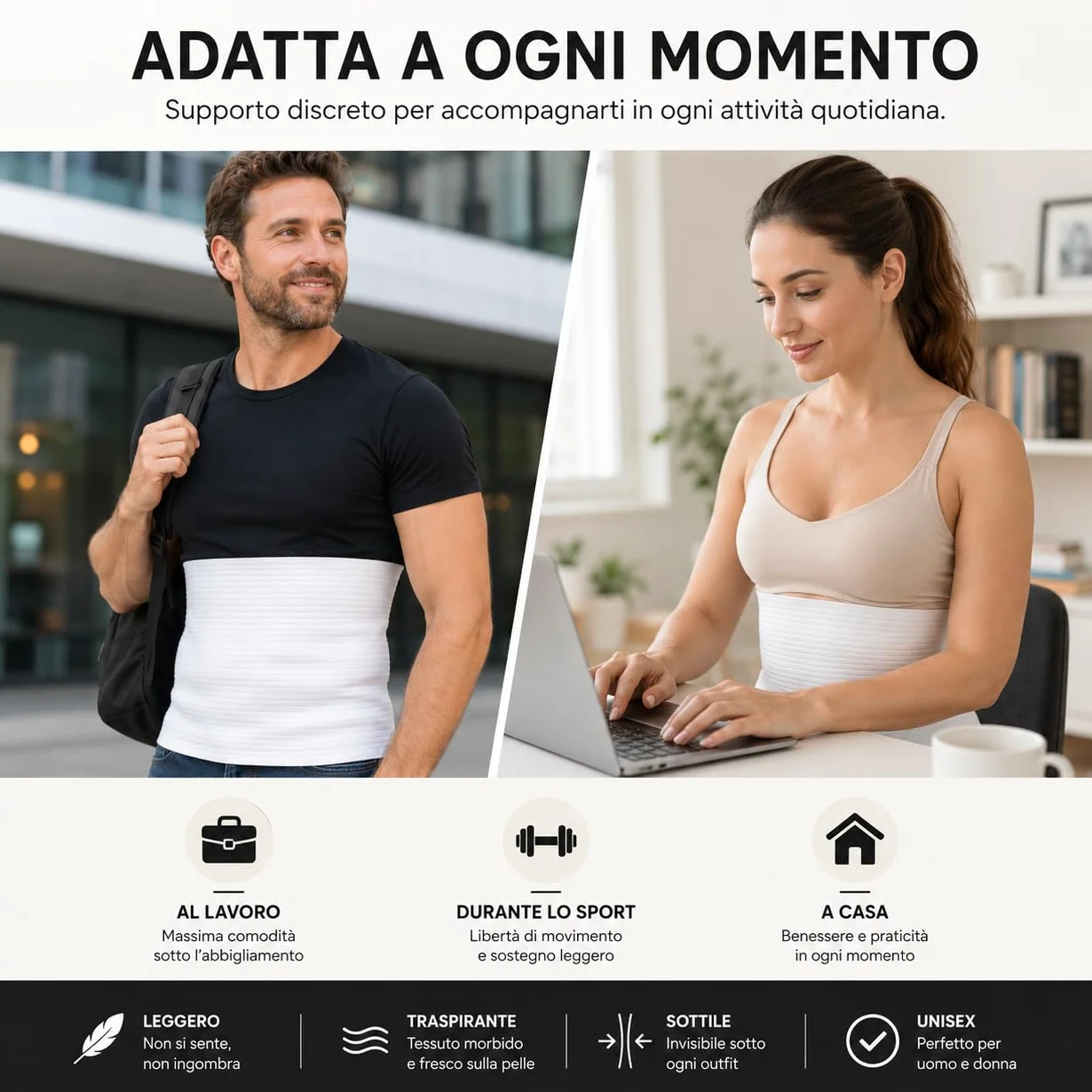 eMMe SQUARE - Fascia Lombare Estiva in Cotone Traspirante Unisex – Pancera Contenitiva, Supporto Schiena Addominale Elasticizzato Made in Italy – Ideale per l'Estate (L)