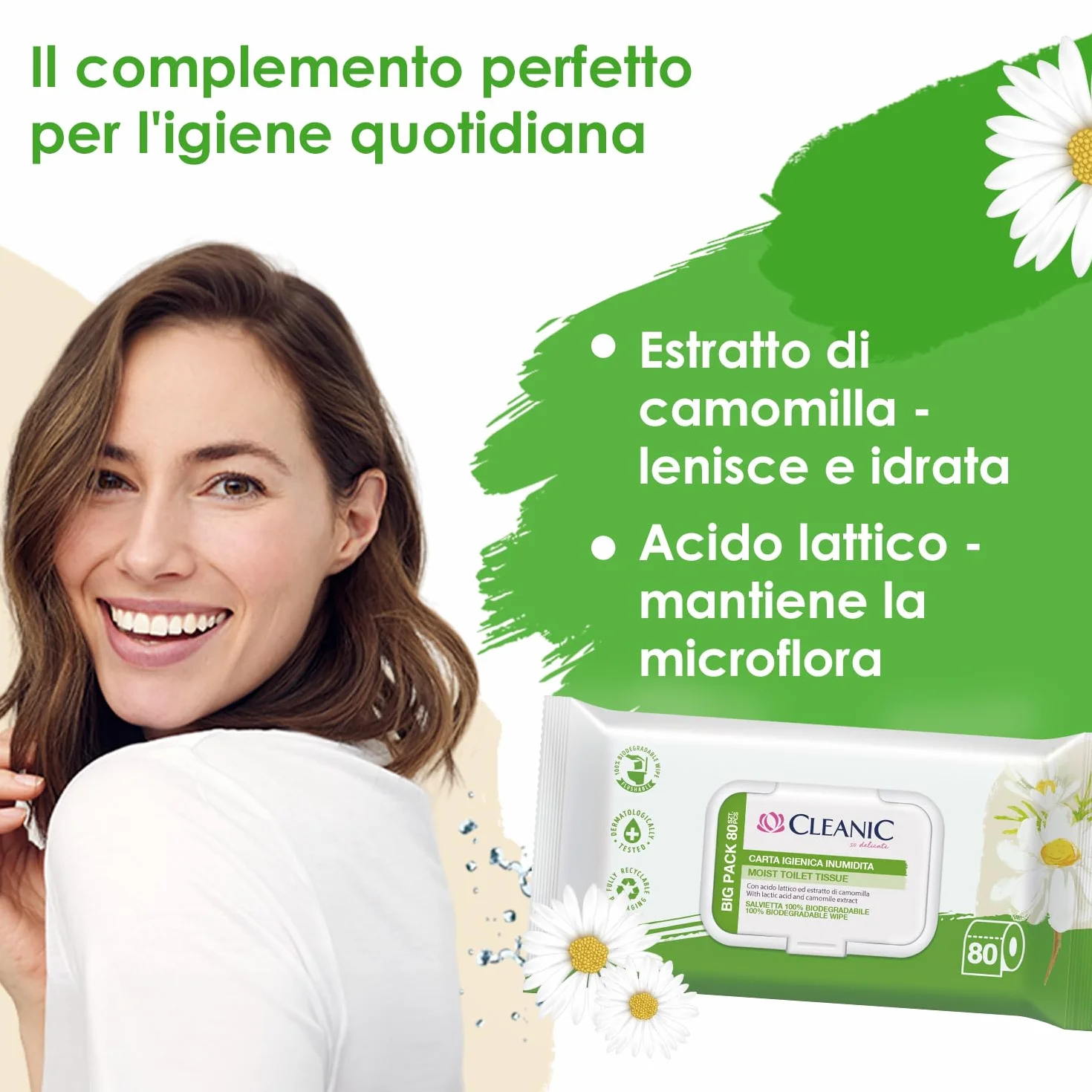 Cleanic Carta Igienica Umidificata 80 Pezzi con Estratto di Camomilla Lavabile Salviette Pulizia Intima Pelle Sensibile