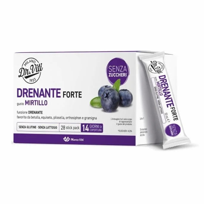 Dott. Viti Drenante Mirtillo 28 Stick Liquidi - Integratore Alimentare con Betulla, Equiseto, Pilosella, Orthosiphon e Gramigna