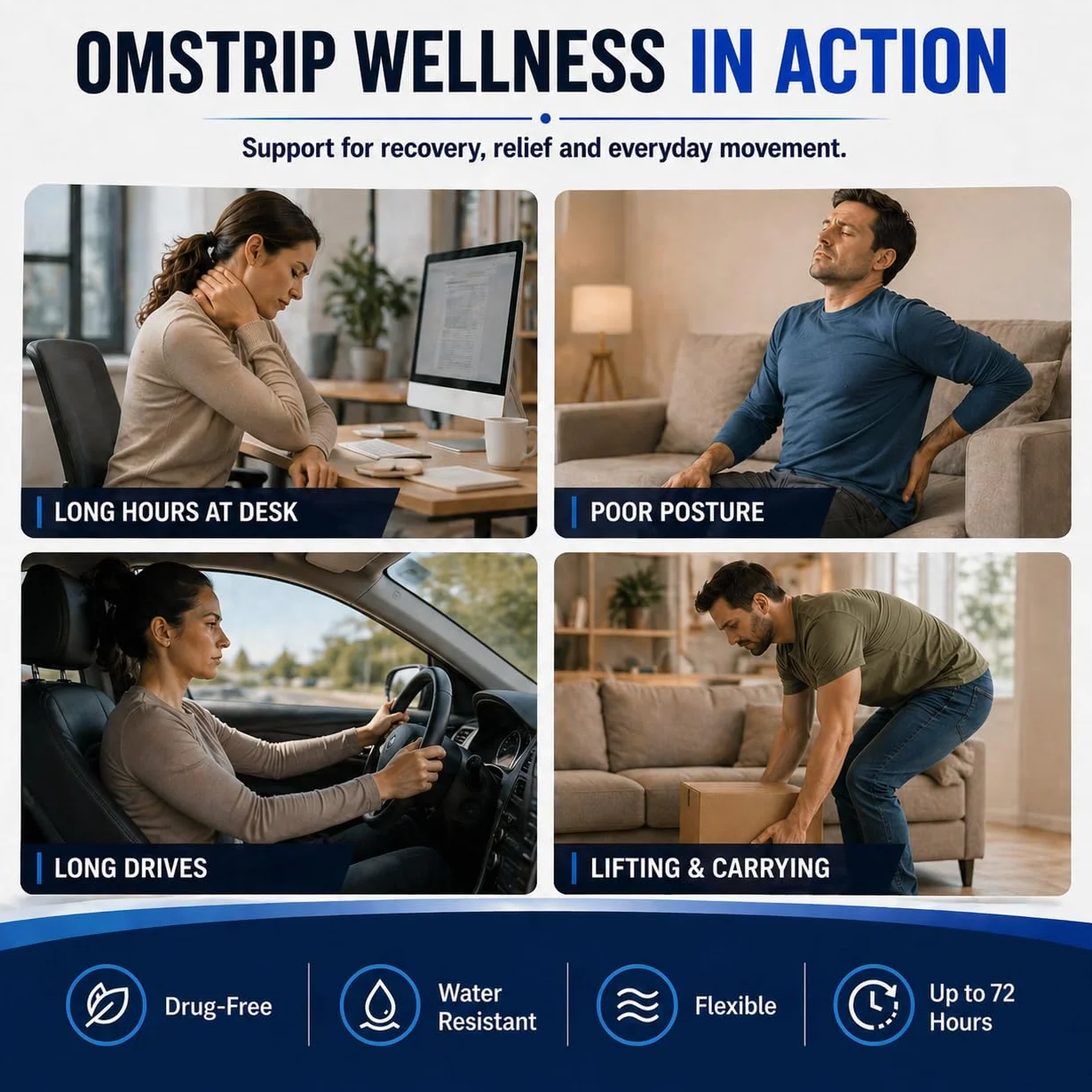 Omstrip Wellness Cerotti Bioattivi 8 Pezzi, Sollievo Naturale 72 Ore Dolori Muscolari, Cerotto Kinesiologico FIR Tecnologia F7