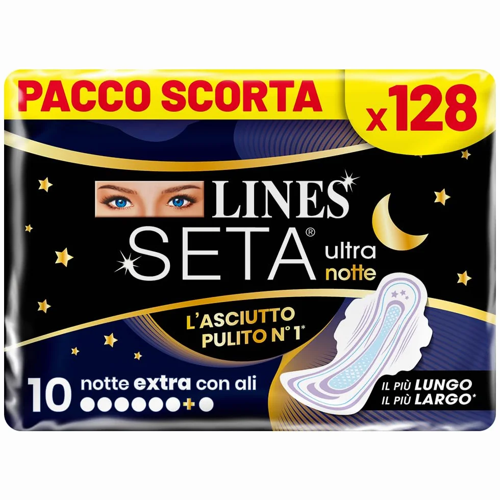LINES SETA ULTRA EXTRA NOTTE con ali, Pacco scorta da 128 assorbenti per ciclo mestruale, extra protezione per la notte fino a 12 ore, zero odori, Ipoallergenico, cuore lines super assorbente
