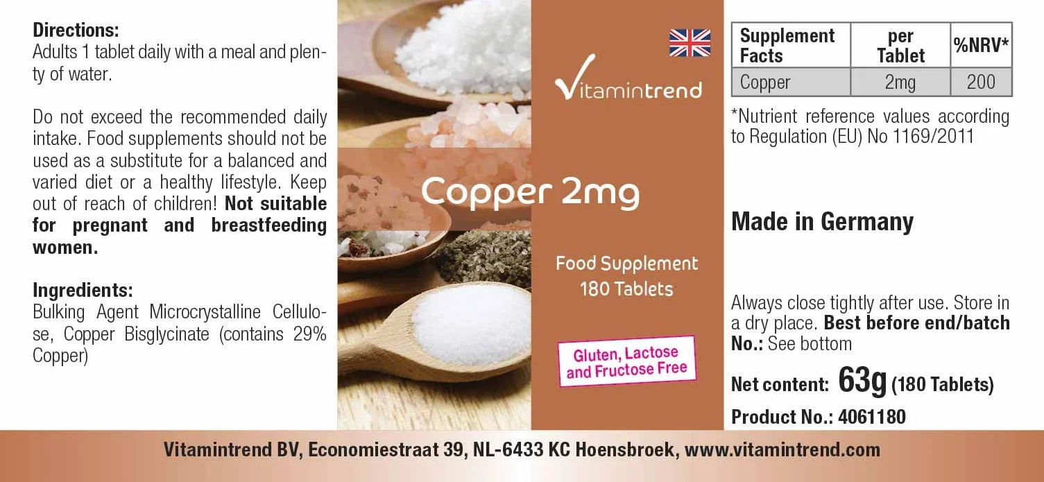Vitamintrend rame 2 mg, 180 compresse, facili da deglutire, integratore alimentare vegano senza magnesio stearato, prodotto in Germania
