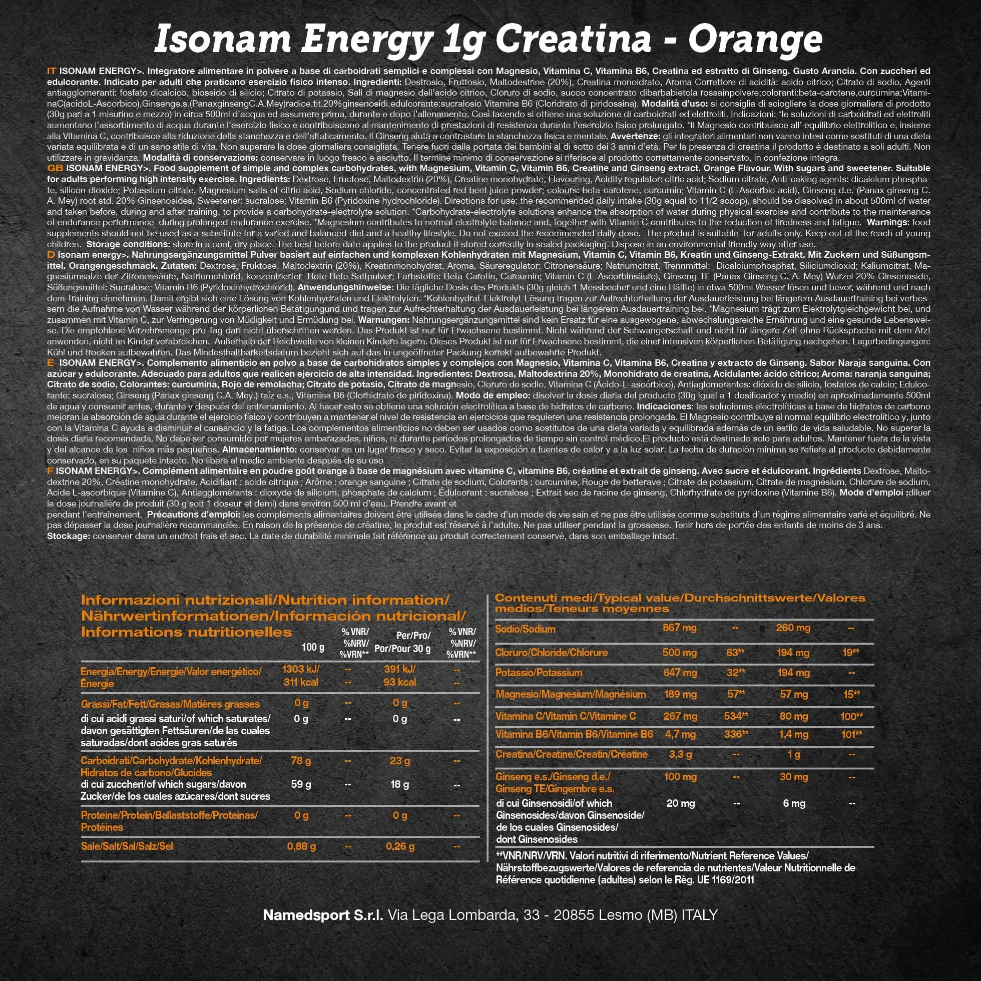 NAMEDSPORT Isonam Energy ORANGE - 480g, Aiuta ad integrare le perdite idrosaline, contribuisce al normale metabolismo energetico, 1 barattolo, contiene 1g di Creatina