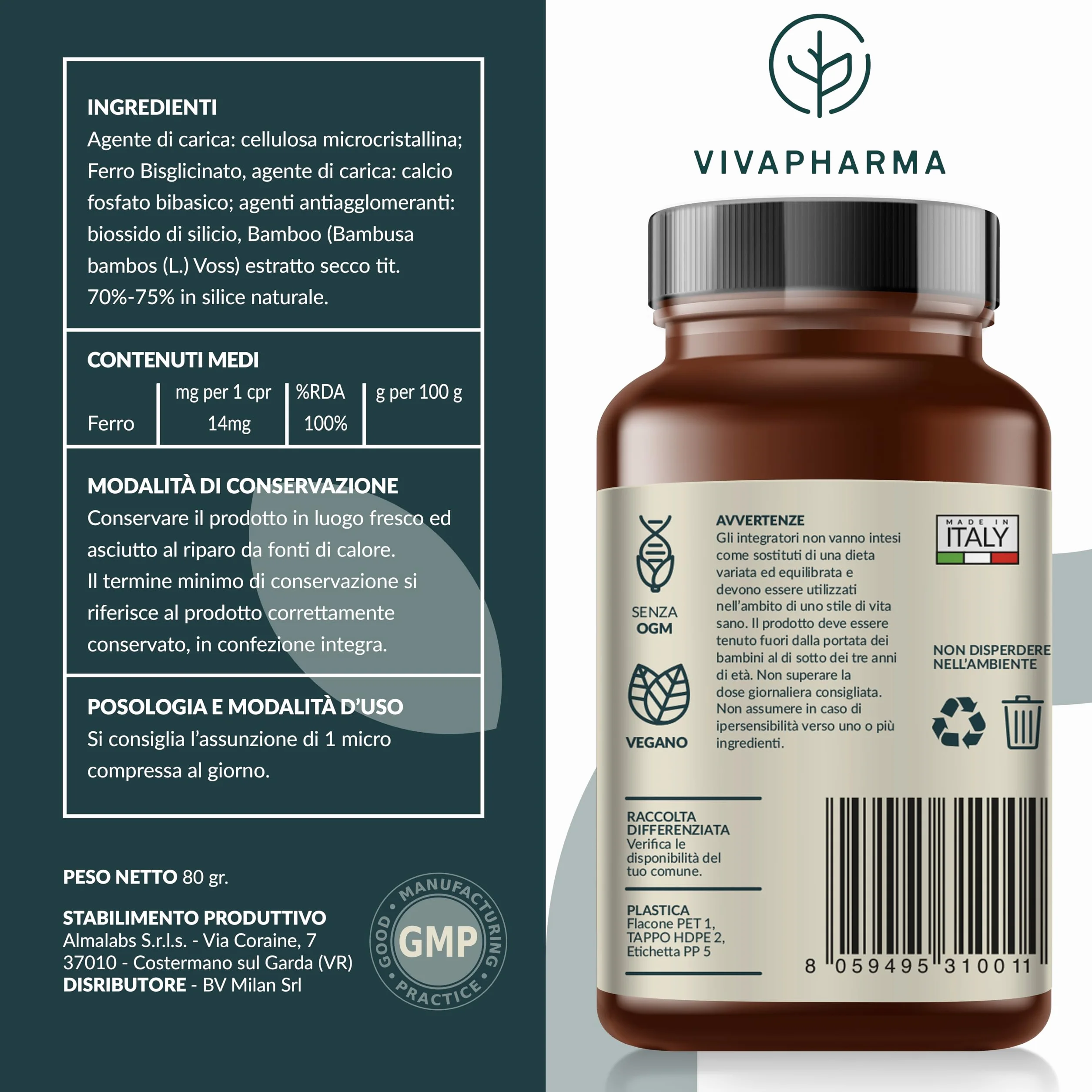 Integratore Ferro Bisglicinato per Donne e Uomini, 400 Micro Compresse Vegane 14mg per Compressa (12+ mesi) Contribuisce al Normale Metabolismo Energetico, Senza OGM e Magnesio Stearato, Made in Italy