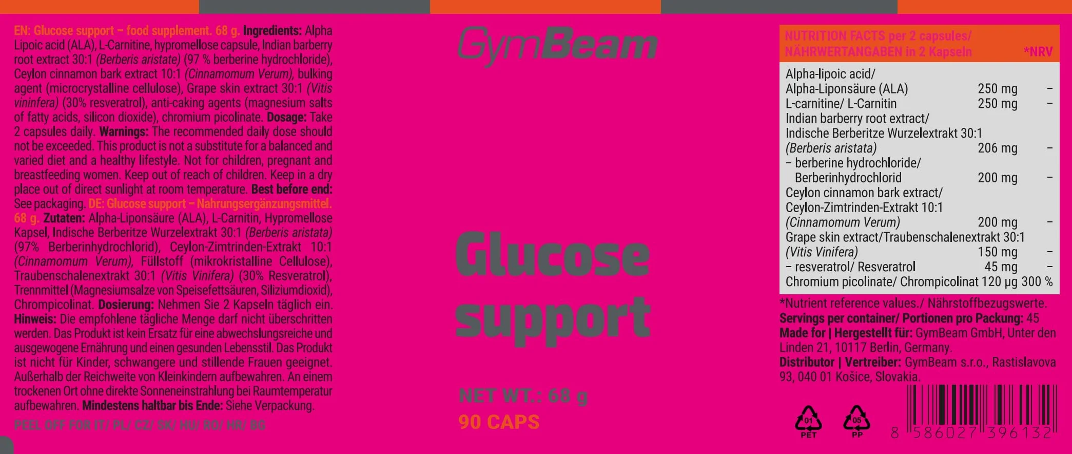 GymBeam Glucose Support Integratore Glicemia Berberina Cromo Capsule Vegane 90 cps