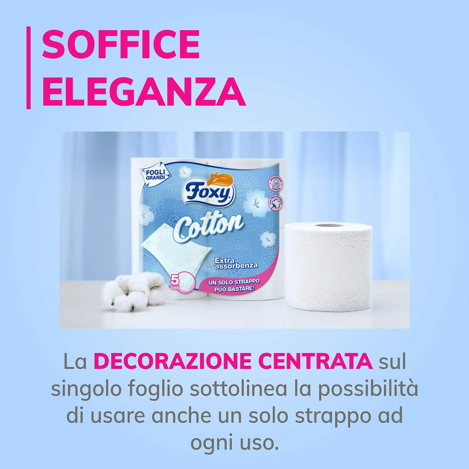 Carta Igienica 5 Veli 60 Rotoli Foxy Cotton con Vere Fibre di Cotone Extra Large FSC
