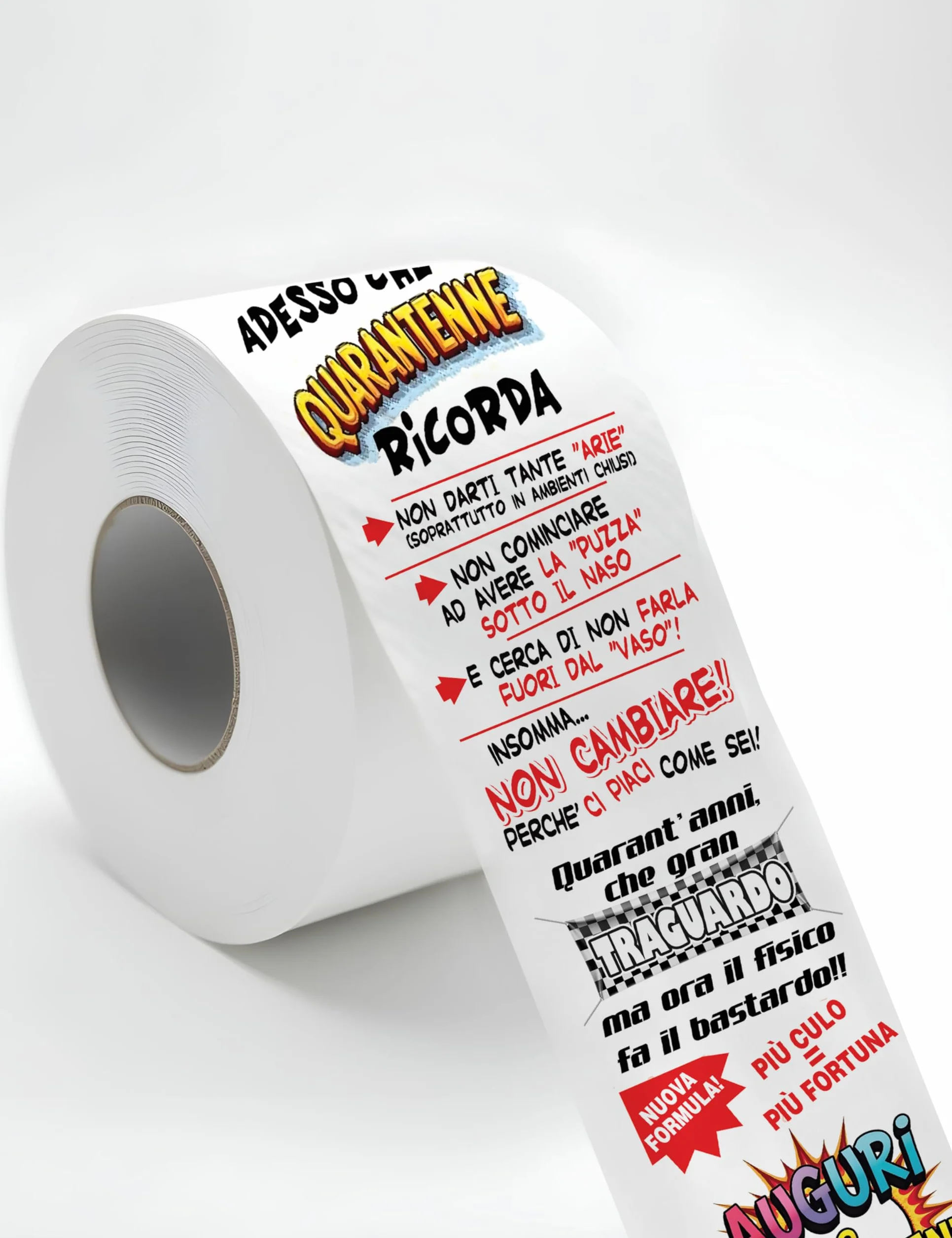 Carta Igienica Divertente 40 Anni – Rotolo Stampato a Colori con Fumetti e Attestato di Compleanno – Gag Regalo per Festa 40° Compleanno