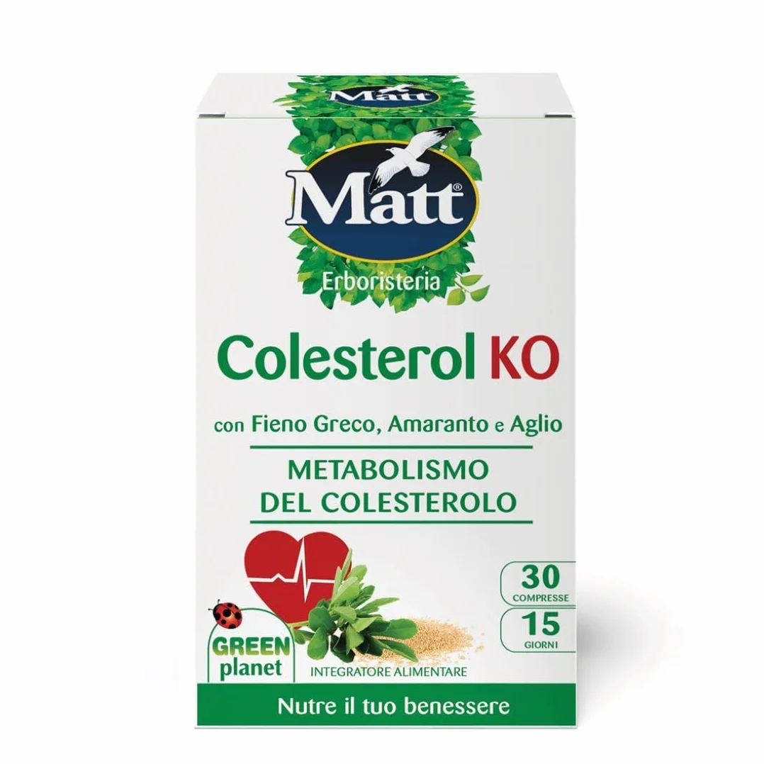 Matt, Colesterol KO, Integratore Alimentare a Base di Fieno Greco, Amaranto e Aglio, Favorisce il Metabolismo del Colesterolo e dei Trigliceridi, Confezione da 30 Compresse - 15 Dosi