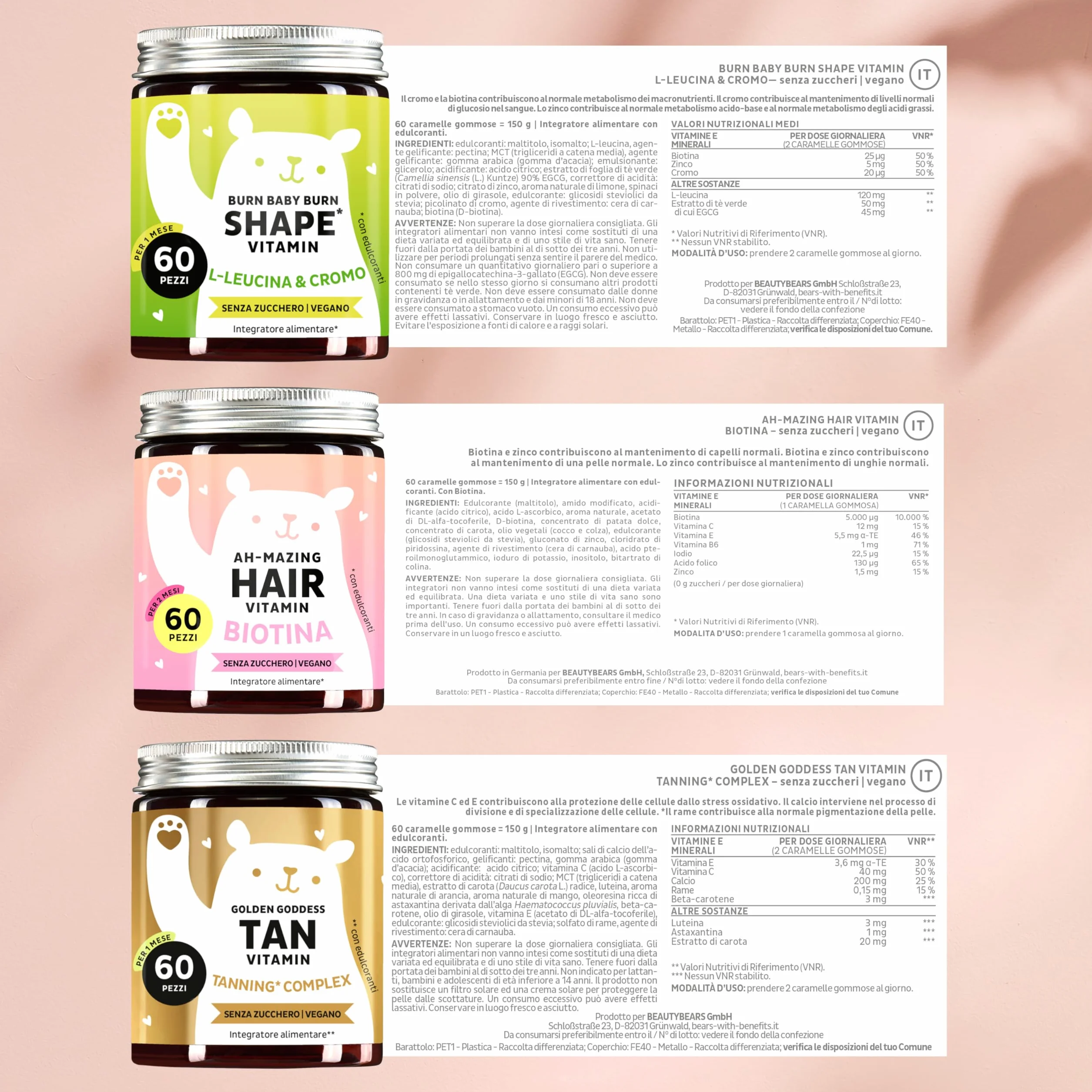 Trio – Per capelli, pelle e linea – Tripla azione bellezza - Con biotina per i capelli, rame per la pelle e cromo per il metabolismo - 3x60 pezzi- Senza Zucchero, Vegano - Bears with Benefits