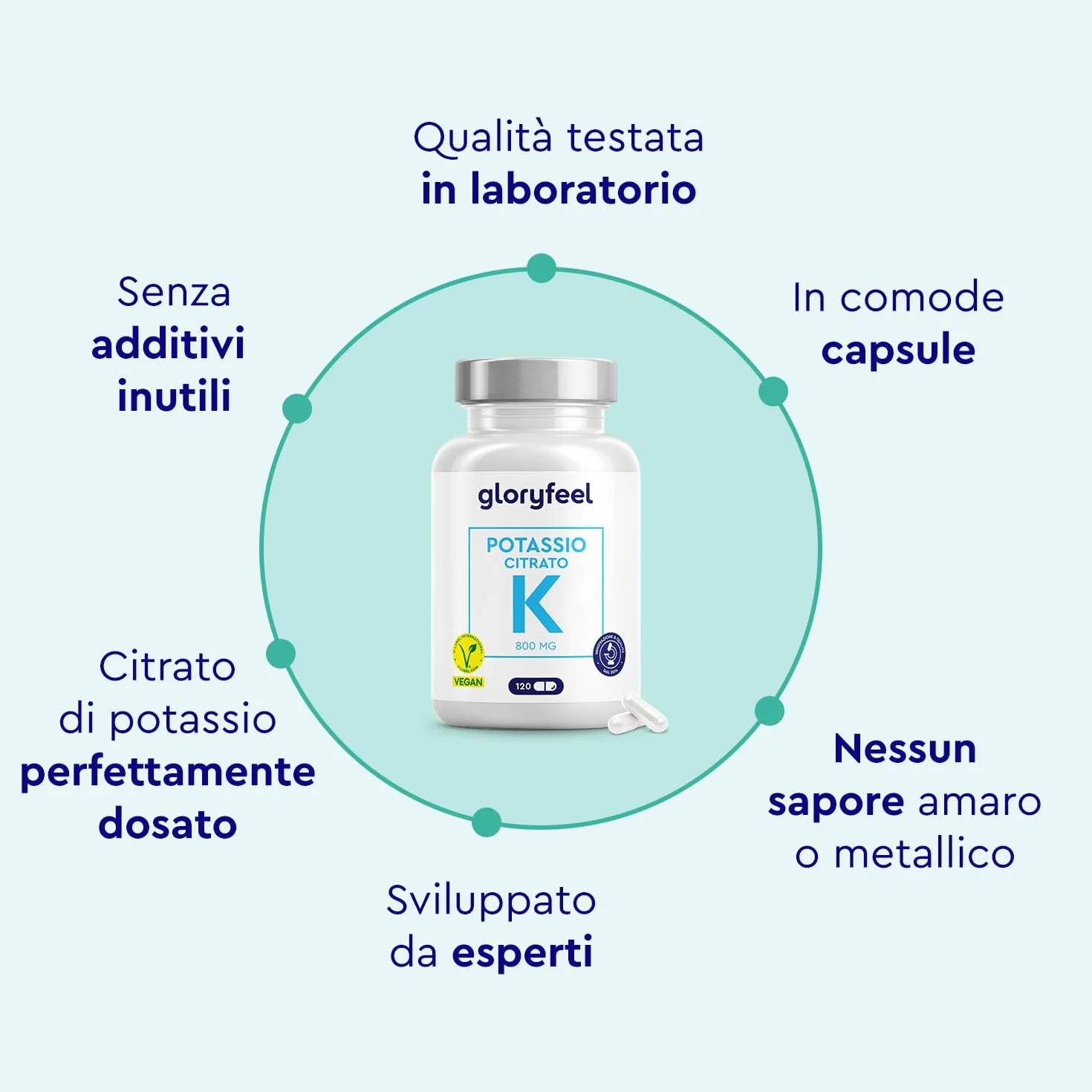 Potassio 120 Capsule (2 Mesi) - 800mg Potassio Elementare (Citrato) alto Dosaggio - Per Pressione Sanguigna, Funzione Muscolare e Sistema Nervoso* - Vegano, Testato in Laboratorio e senza Additivi