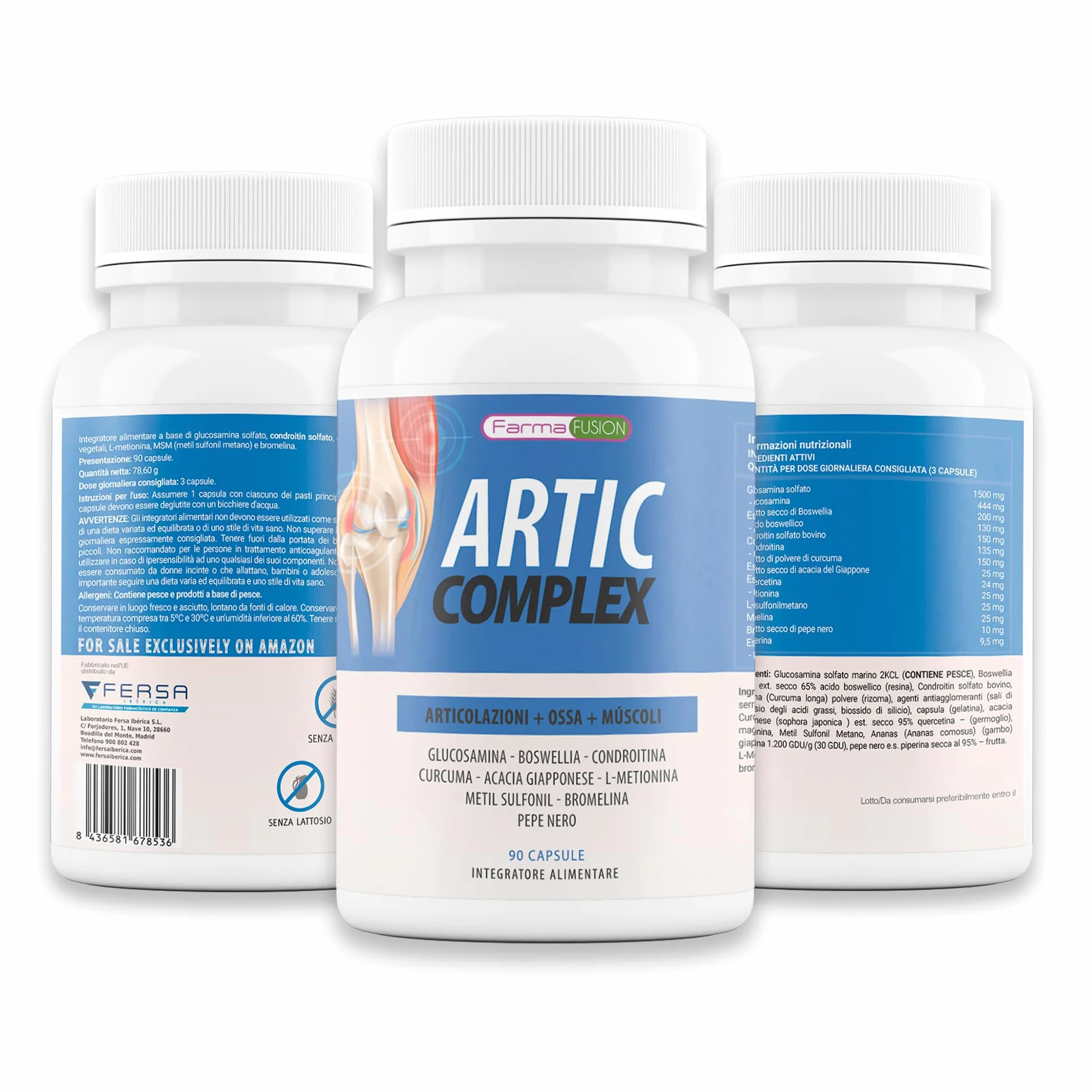 Farma Fusion Artic Complex | Curcuma, Glucosamina, Condroitina e Collagene | Elimina il dolore di muscoli, articolazioni e Ossa | Antinfiammatorio con azione analgesica | Ripara le Articolazioni 90u