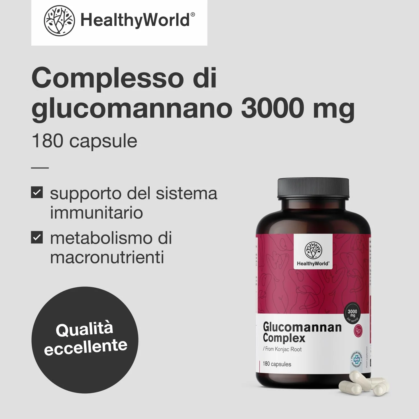 HealthyWorld Glucomannano 3000 mg 180 capsule Konjac Colina Cromo Vitamine D3 B3