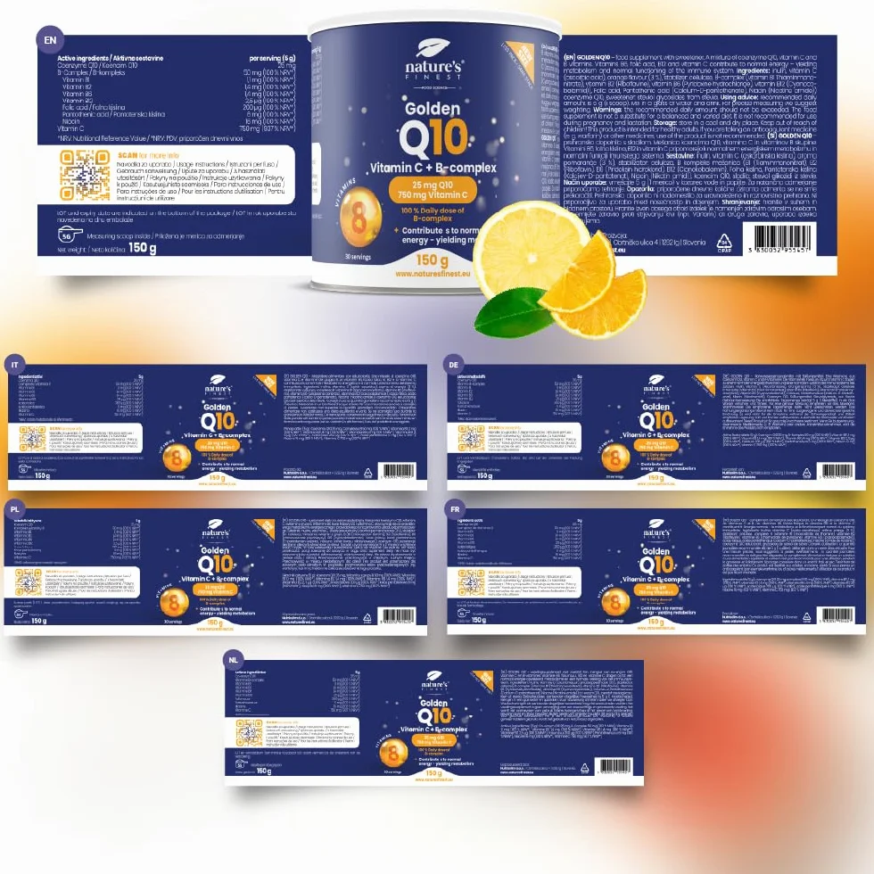 Nature's Finest Golden Q10, 150 g - Coenzima Q10 con Vitamina C in Polvere e Complesso Vitamina B - Integratore Alimentare in Polvere Gusto Arancia
