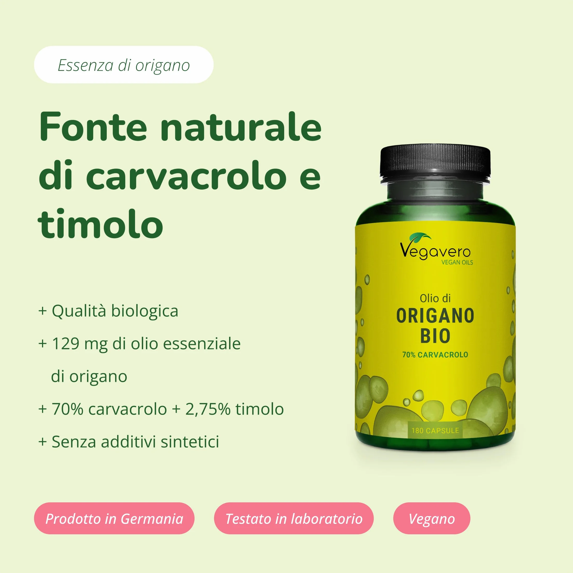 Olio di ORIGANO BIO Vegavero® 70% Carvacrolo 2,5% Timolo 180 capsule Vegan