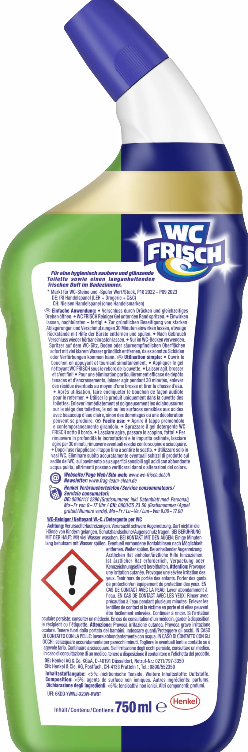 WC-Frisch Detergente per WC Gel Limone (750 ml), detergente per WC con effetto deodorante per ambienti, detergente per WC garantisce freschezza igienica, con combinazione di 4 attivi
