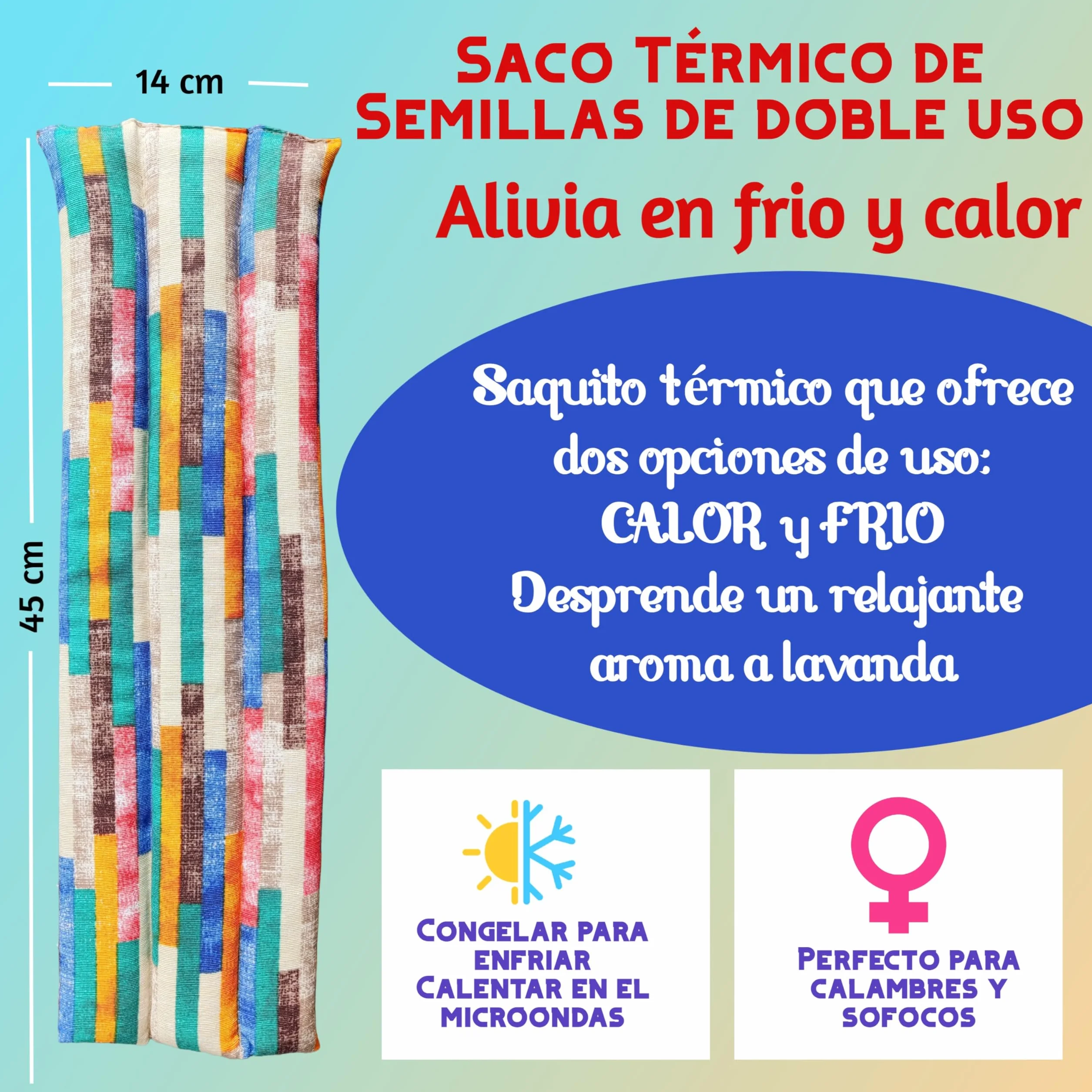 Sacco di semi per microonde 45 x 14 cm – Sacco termico cervicale con Lavanda – Borsa termica termica a caldo e freddo – Sacco termico per microonde – Cuscino termico mestruale – Sacco a microonde