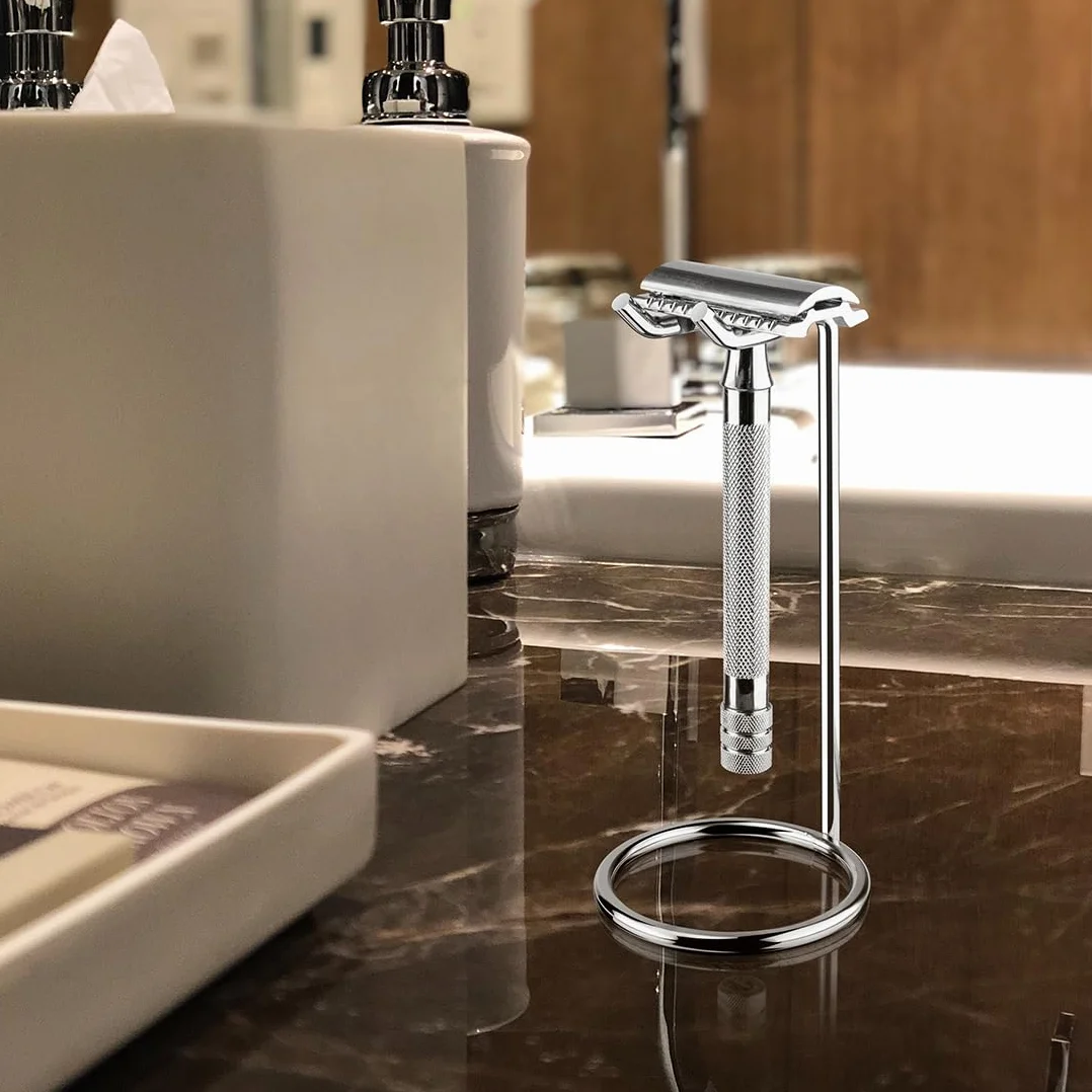 Linkidea Supporto per rasoio in acciaio inox, elegante supporto da viaggio per rasoio da uomo, compatibile con rasoi di sicurezza a manico lungo, Fusion 5, ProShield e serie NFL (argento/cromo lucido)