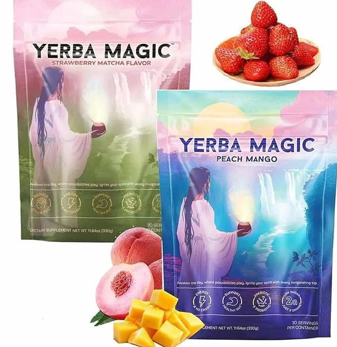 Yerba Magic PeAch MaNGo,Yerba Mate Instant Tea Powder, Magic Strawberry Matcha, Strawberry Matcha/PeAChs Mango, 4-in-1 Functional Blend,Focus and Gut Health (2pcs-Mix)