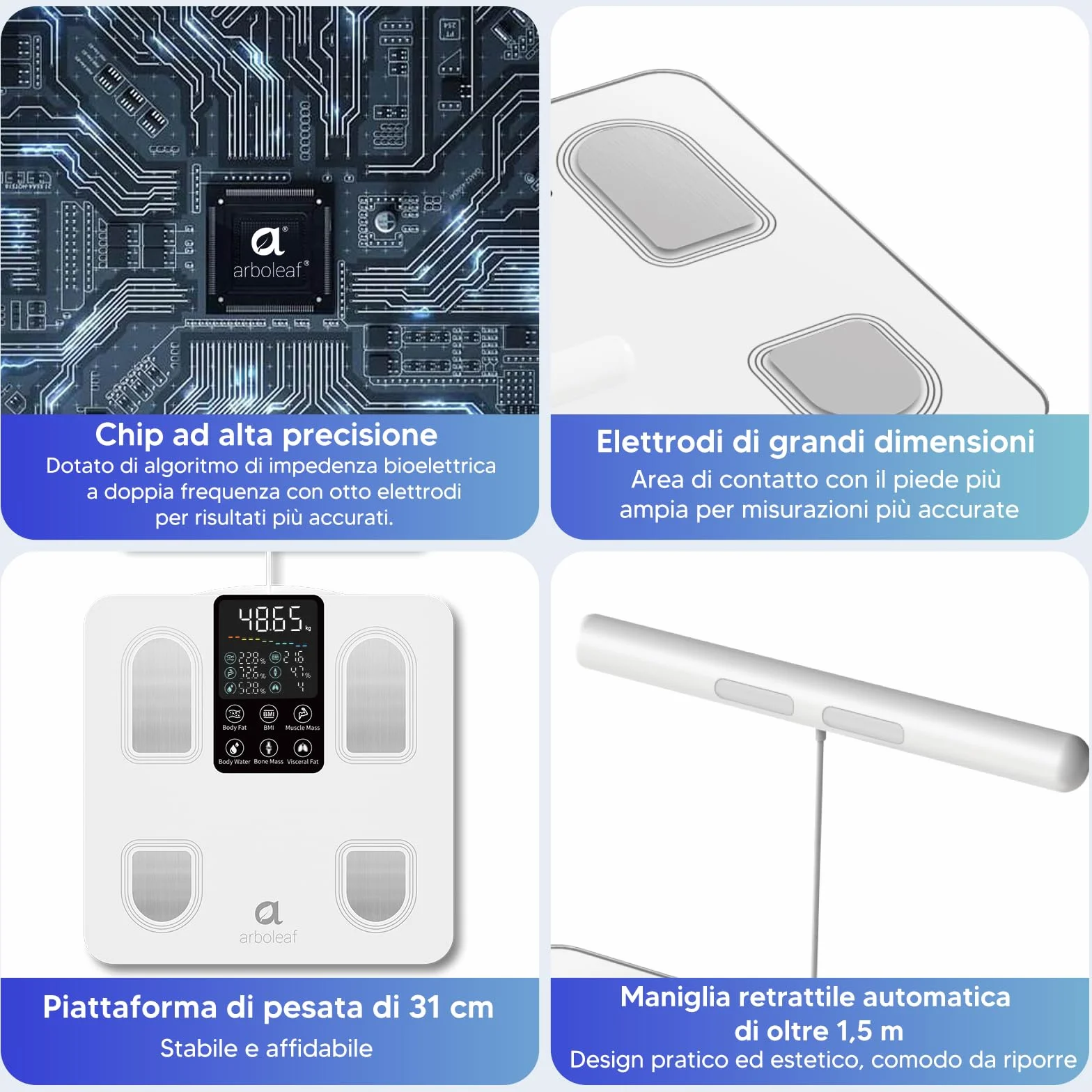 Arboleaf Bilancia Intelligente con Analisi Corporea 8 Elettrodi Bluetooth APP 50 Metriche 180 kg