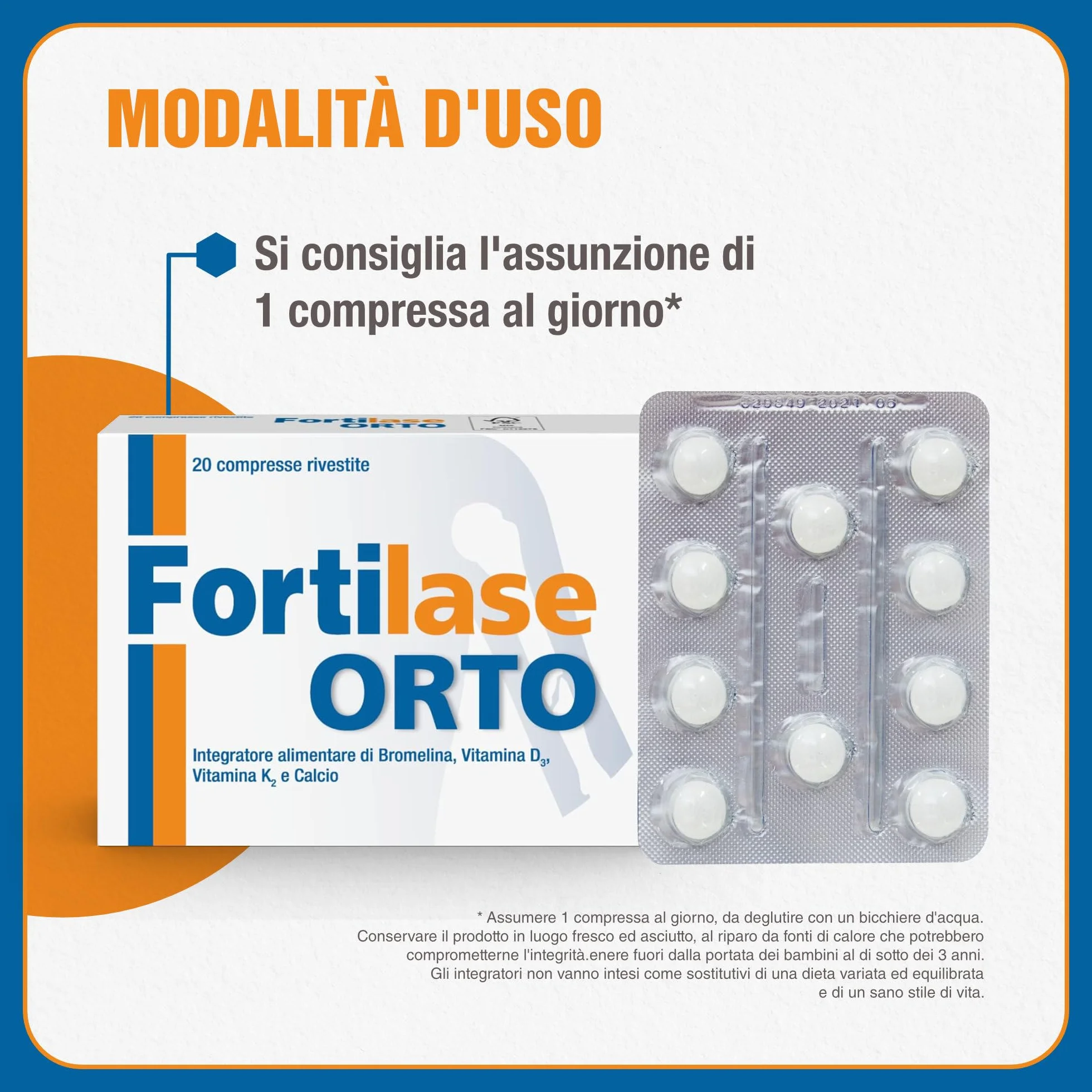 Fortilase Orto, 20 Compresse, Integratore Alimentare di Bromelina, Vitamina D3, Vitamina K2 e Calcio, Supporta il Sistema Osseo e Articolare