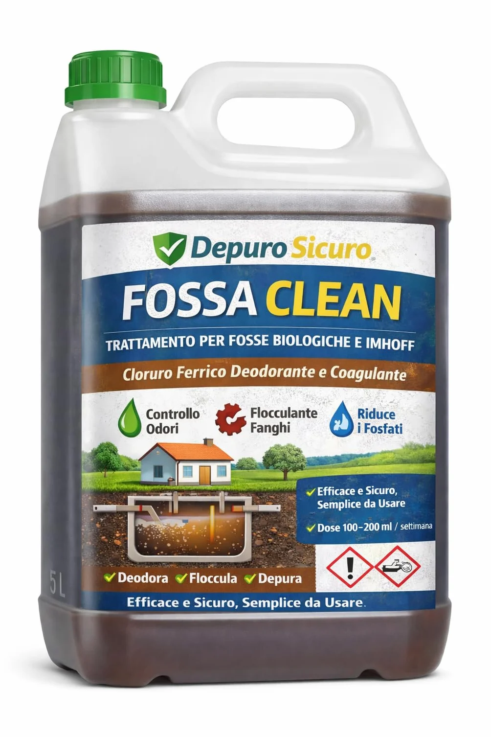 FossaClean Cloruro Ferrico per Fosse Biologiche e Vasche Imhoff Elimina Odori (H₂S), Flocculante Fanghi Riduttore Fosfati 5 kg Disgregante Concentrato Uso Professionale e Domestico